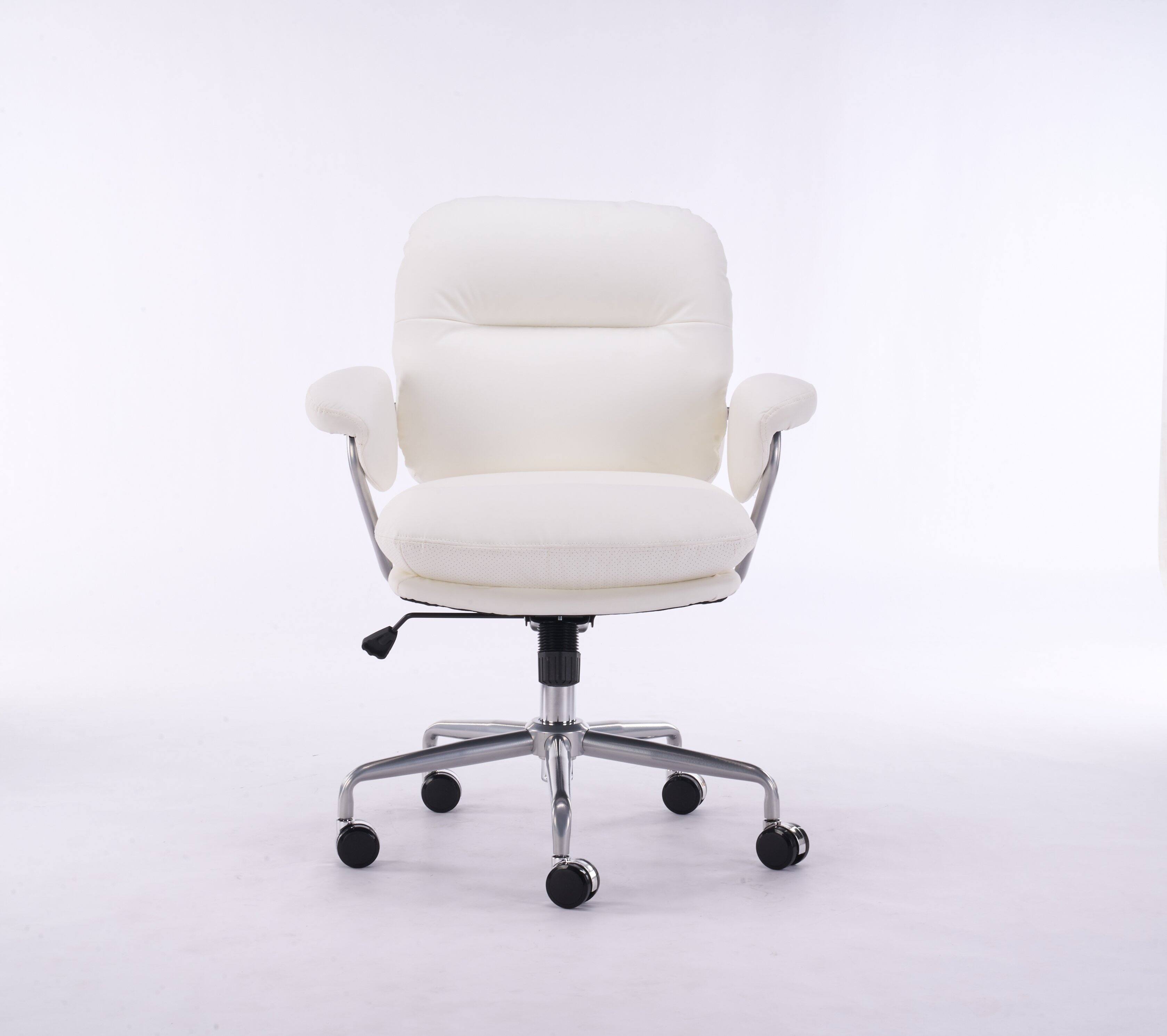 Back. TinyHomie - Ergonomic White Leather Office Chair with 360° Swivel Adjustable Height Reclining Backrest and Breathable Seat - Beige.