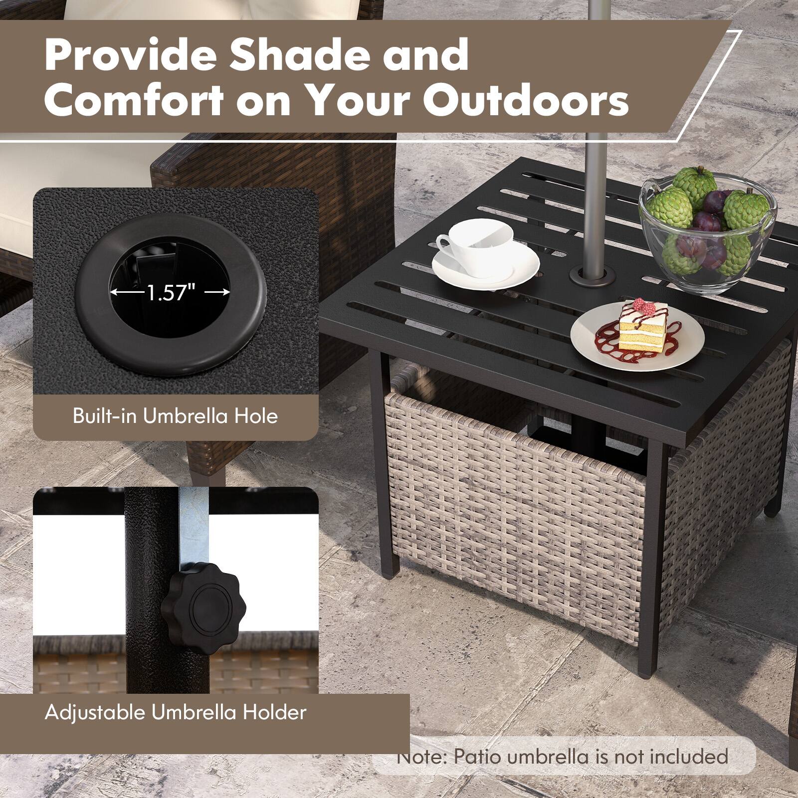 Provide Shade and Comfort on Your Outdoors

1.57" Built-in Umbrella Hole

Adjustable Umbrella Holder

Note: Patio umbrella is not included