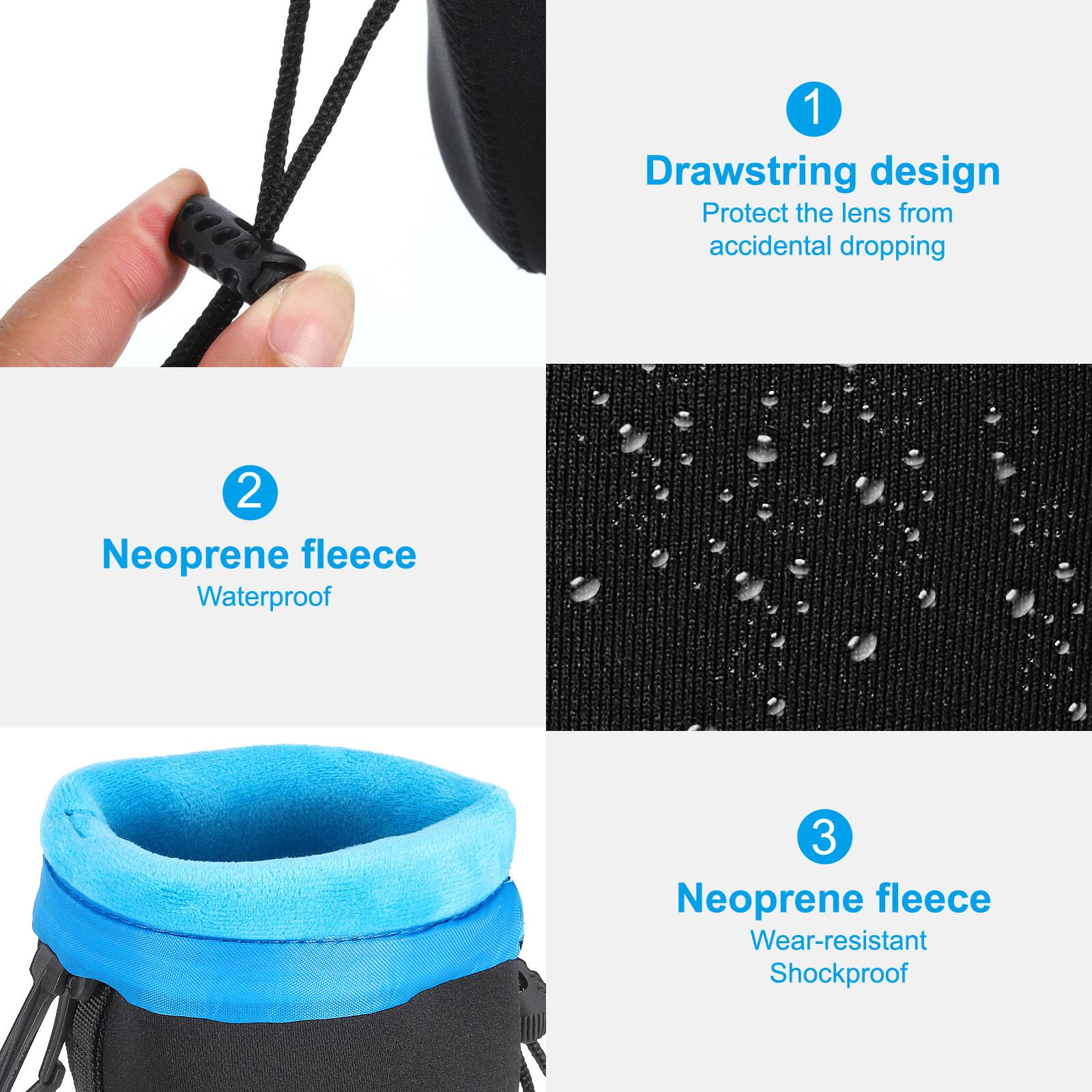 1. Drawstring design  
   Protect the lens from accidental dropping  

2. Neoprene fleece  
   Waterproof  

3. Neoprene fleece  
   Wear-resistant  
   Shockproof