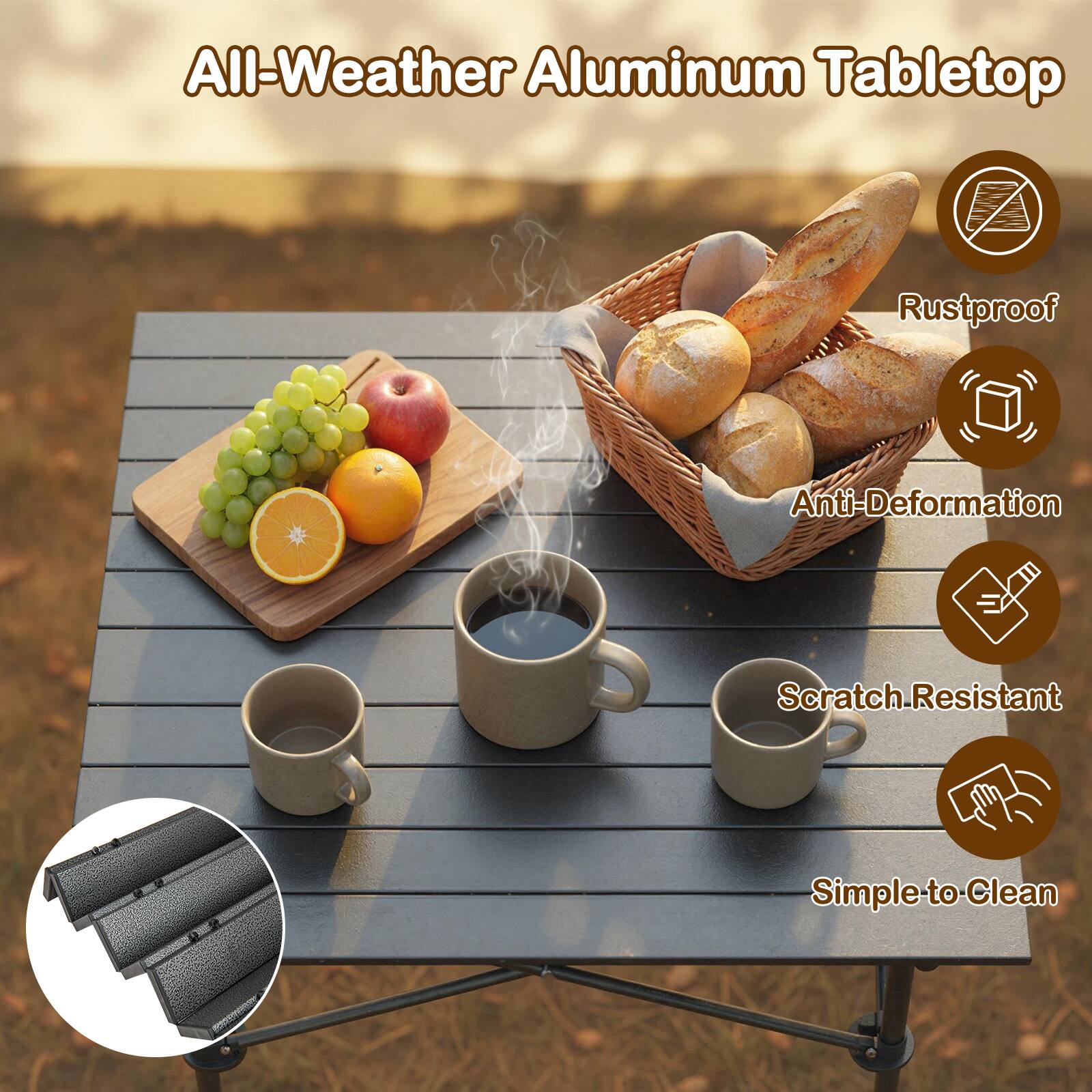 All-Weather Aluminum Tabletop  
Rustproof  
Anti-Deformation  
Scratch Resistant  
Simple to Clean