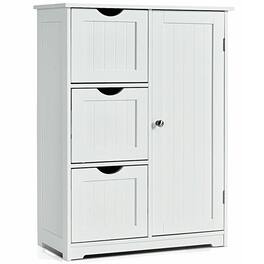 Pefilos - Bathroom Floor Cabinet Side Storage Cabinet with 3 Drawers and 1 Cupboard- Bathroom Storage Cabinet for Entryway - White