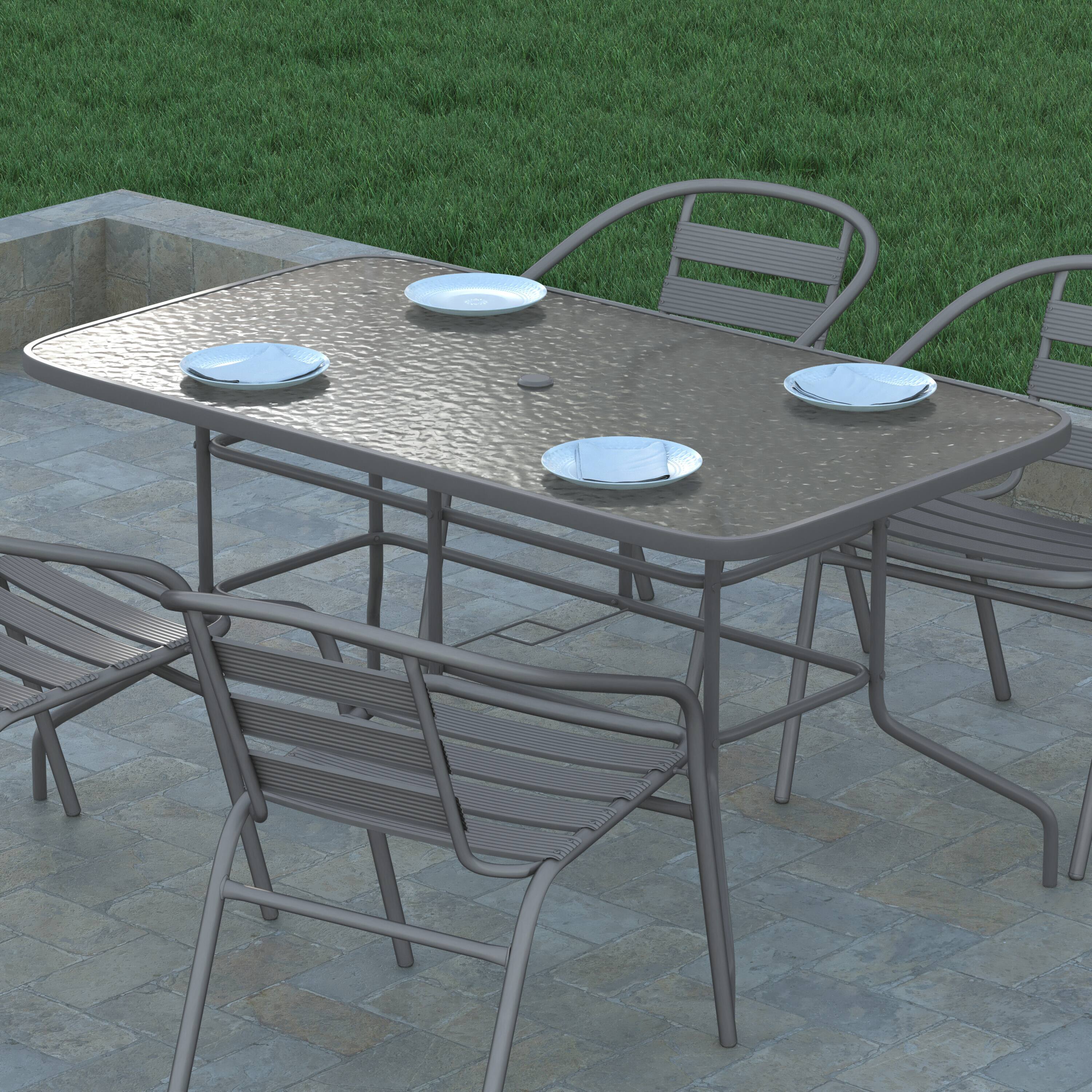Alt View 3. Emma + Oliver - 31.5" x 55" Rectangular Tempered Glass Metal Table with Umbrella Hole - Clear Top/Silver Frame.
