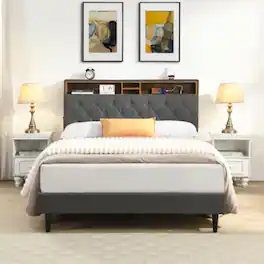 LUCKY ONE - Queen Size Platform Bed Frame with USB Outlet and Storage Compartments, Heavy Duty Metal Slats, No Box Spring Needed - Black+Brown+Grey