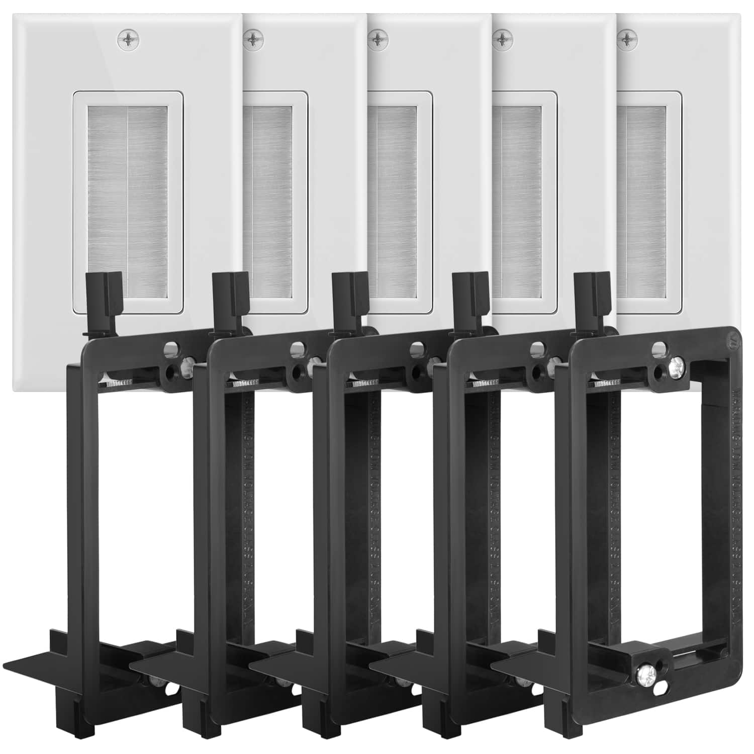 Fosmon - 1-Gang Wall Plate with Brush + 1-Gang Low Voltage Mounting Bracket (Black) - 5 Pack - White