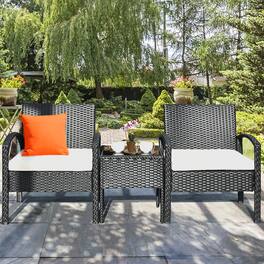 Costway - 3PCS Patio Rattan Furniture Set Coffee Table & Chairs Set with Seat Cushions Garden - White