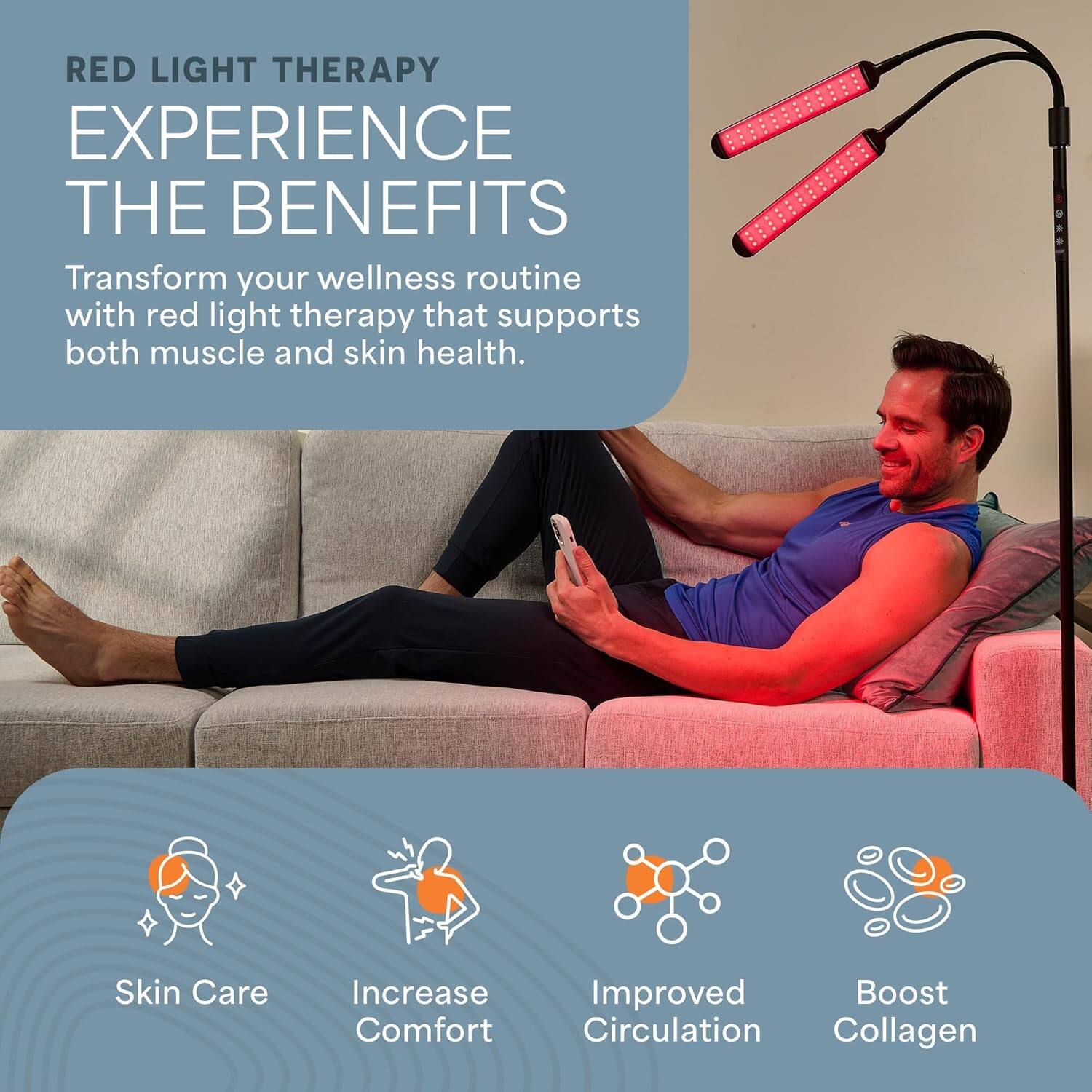 RED LIGHT THERAPY  
EXPERIENCE THE BENEFITS  

Transform your wellness routine with red light therapy that supports both muscle and skin health.  

- Skin Care  
- Increase Comfort  
- Improved Circulation  
- Boost Collagen