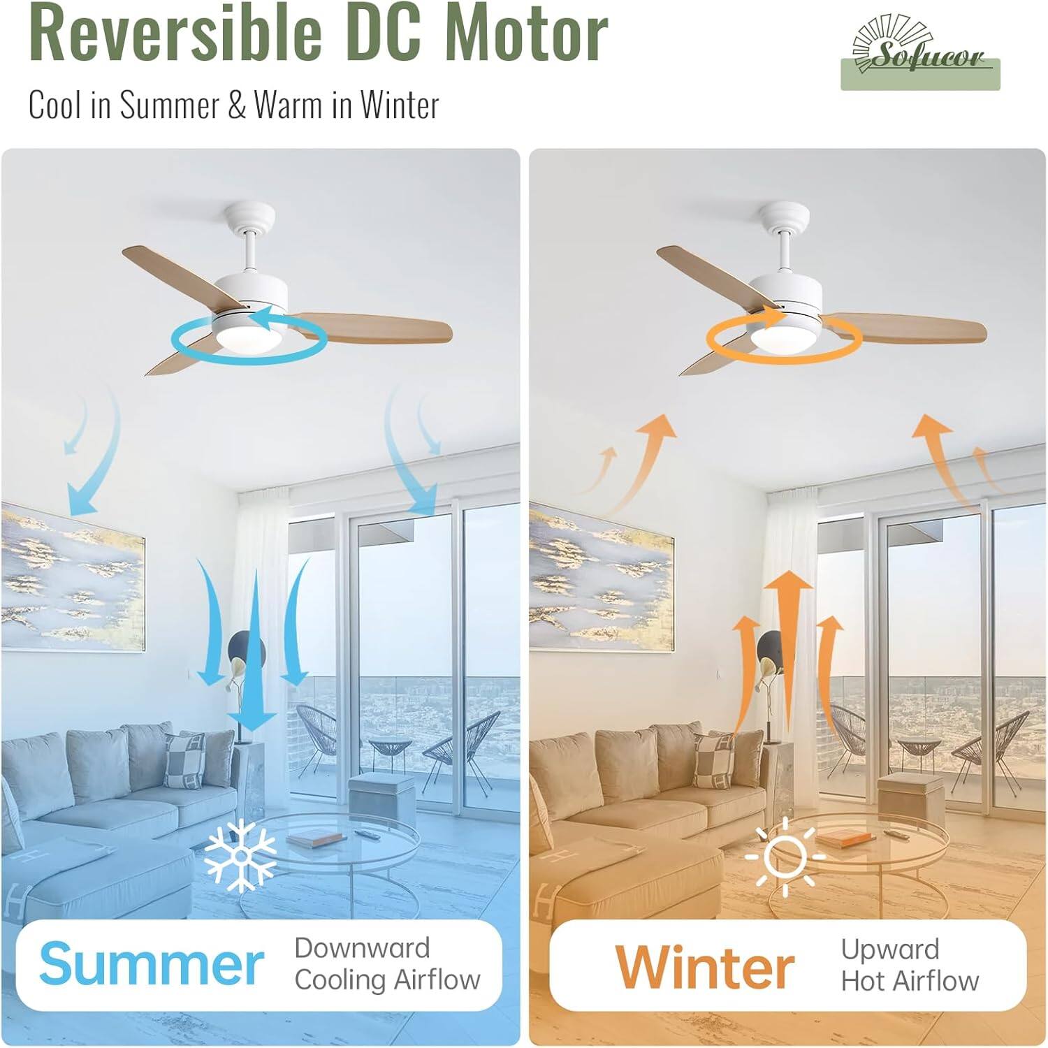 Reversible DC Motor  
Cool in Summer & Warm in Winter  

Summer  
Downward Cooling Airflow  

Winter  
Upward Hot Airflow