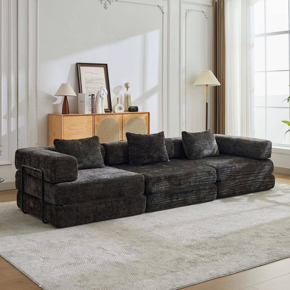 Front. Kadyn - Convertible Floor Sofa Bed, Boneless Chenille Sectional with Fixed Support Frame - No Assembly Required, Black - Black.