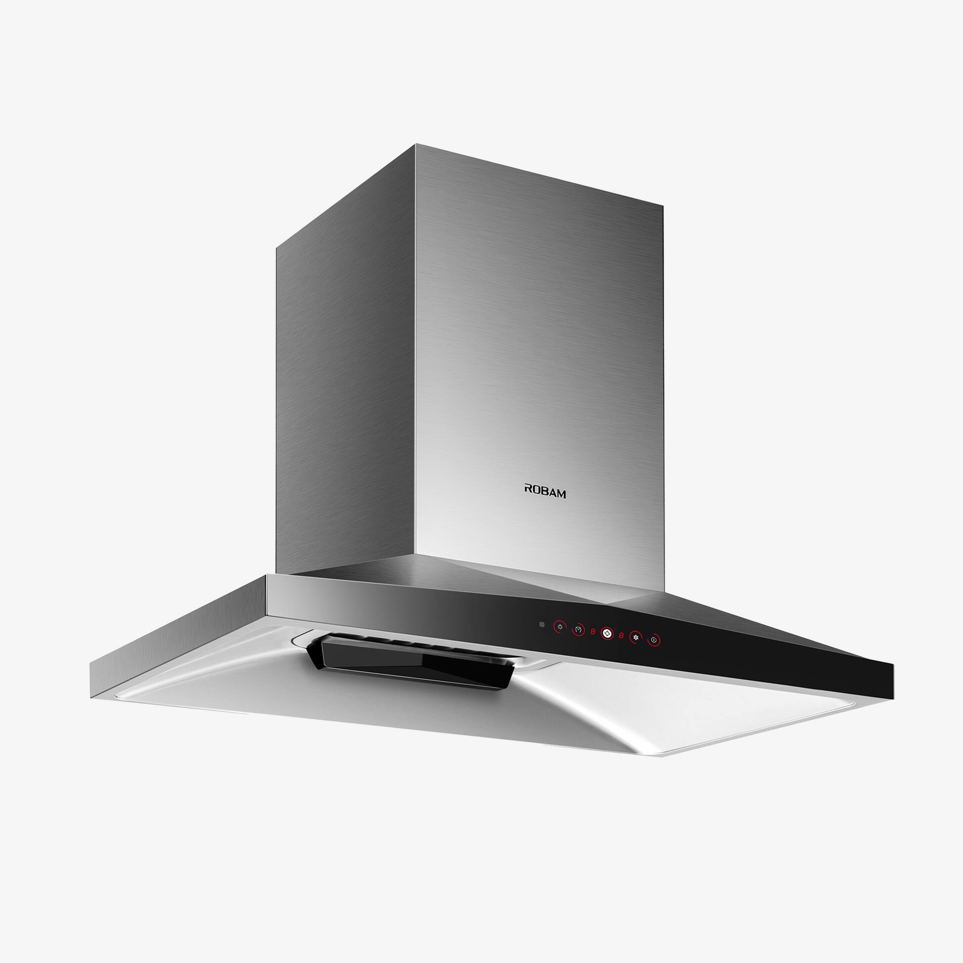 Angle. Robam - 36" Wall Mount Range Hood - 1200CFM, Ultra-Slim Design, High-Pressure DC Motor, One-Touch Turbo, Wash-Free Filter - Black.
