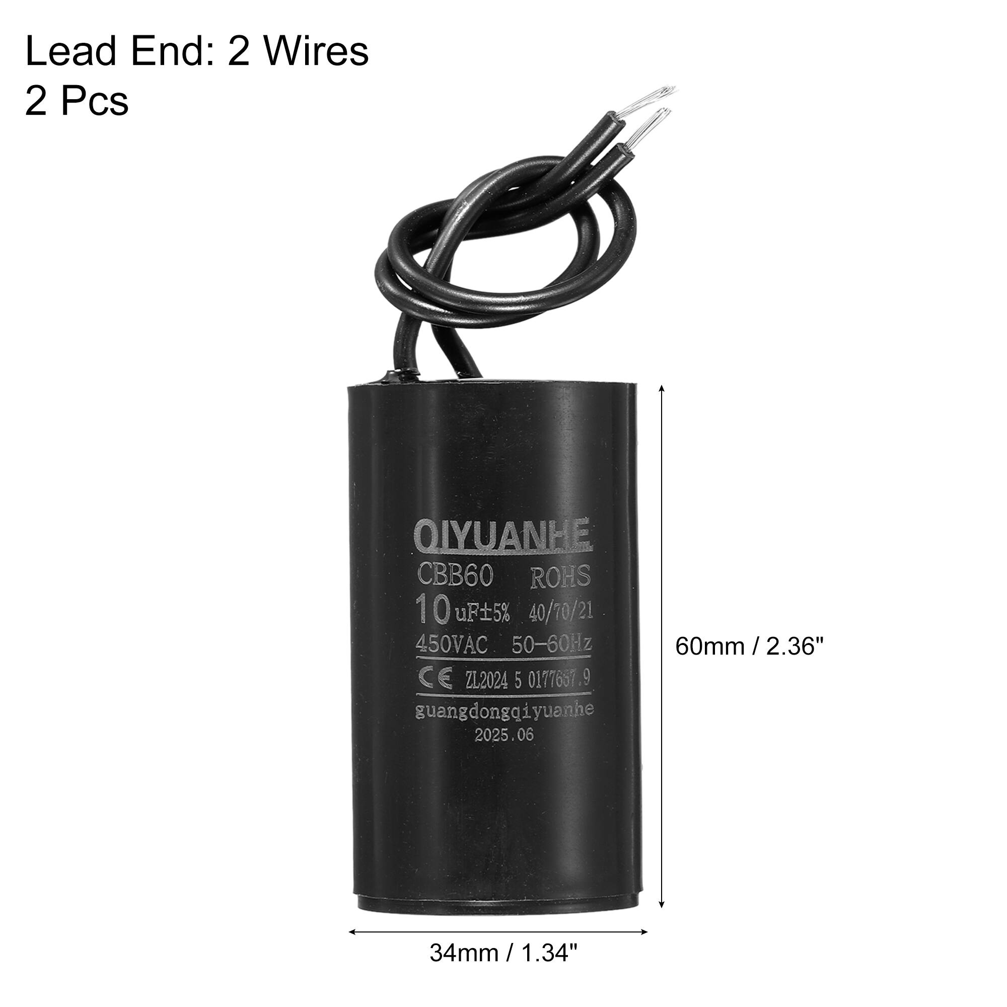 Lead End: 2 Wires  
2 Pcs  

QIYUANHE  
CBB60  
10 uF ±5%  
40/70/21  
450VAC  
50-60Hz  
ROHS  
CE  
ZL2024  
5 0177637.9  
guangdongqiyuanhe  
2025.06  

60mm / 2.36"  
34mm / 1.34"