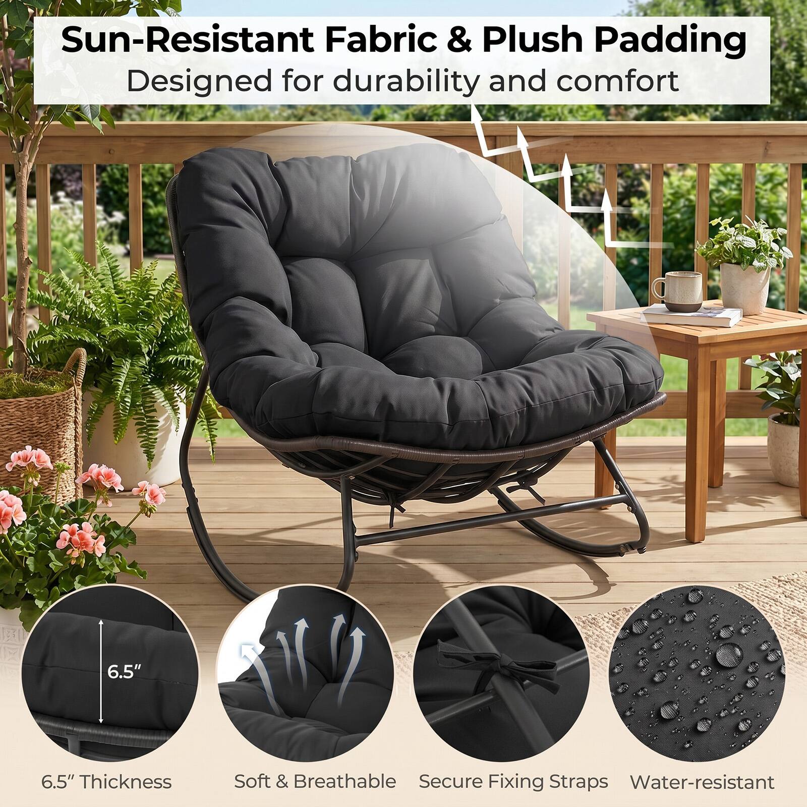 Sun-Resistant Fabric & Plush Padding  
Designed for durability and comfort  

6.5" Thickness  
Soft & Breathable  
Secure Fixing Straps  
Water-resistant