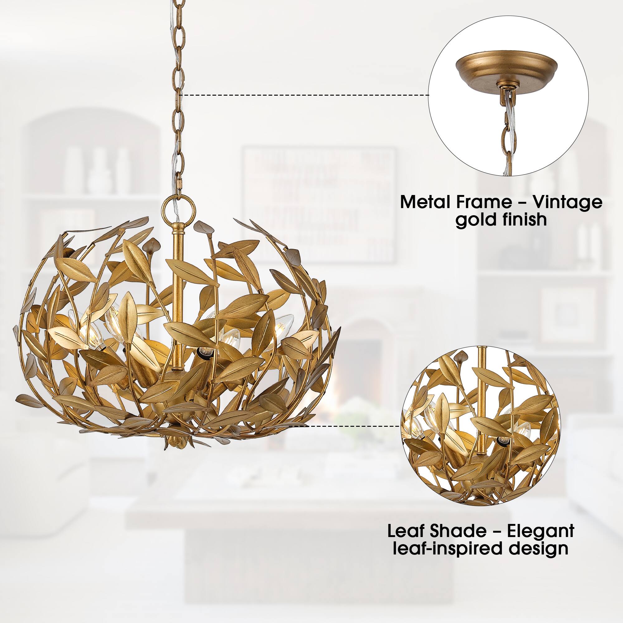 Metal Frame - Vintage gold finish  
Leaf Shade - Elegant leaf-inspired design