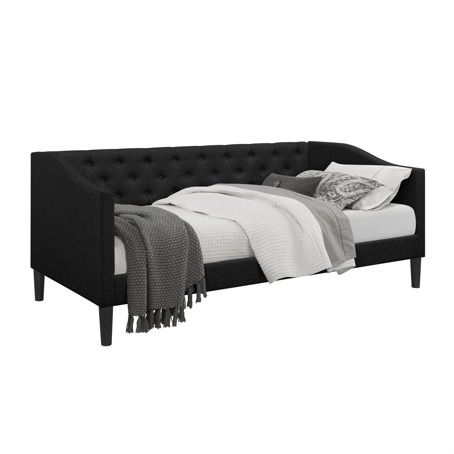 Front. SlickBlue - Modern Button-Tufted Fabric Daybed – Stylish Upholstered Frame for Bedroom - Black.