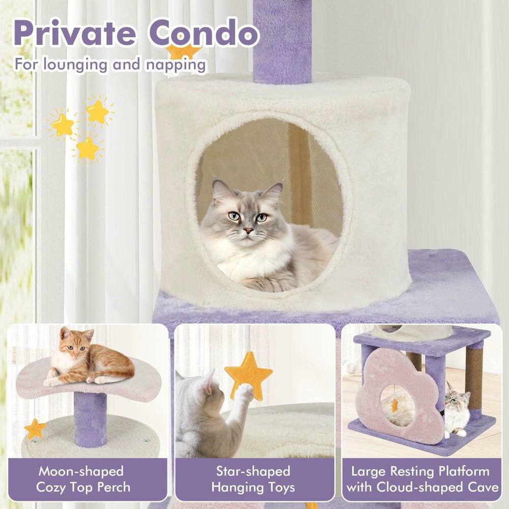 Private Condo  
For lounging and napping  

Moon-shaped Cozy Top Perch  
Star-shaped Hanging Toys  
Large Resting Platform with Cloud-shaped Cave