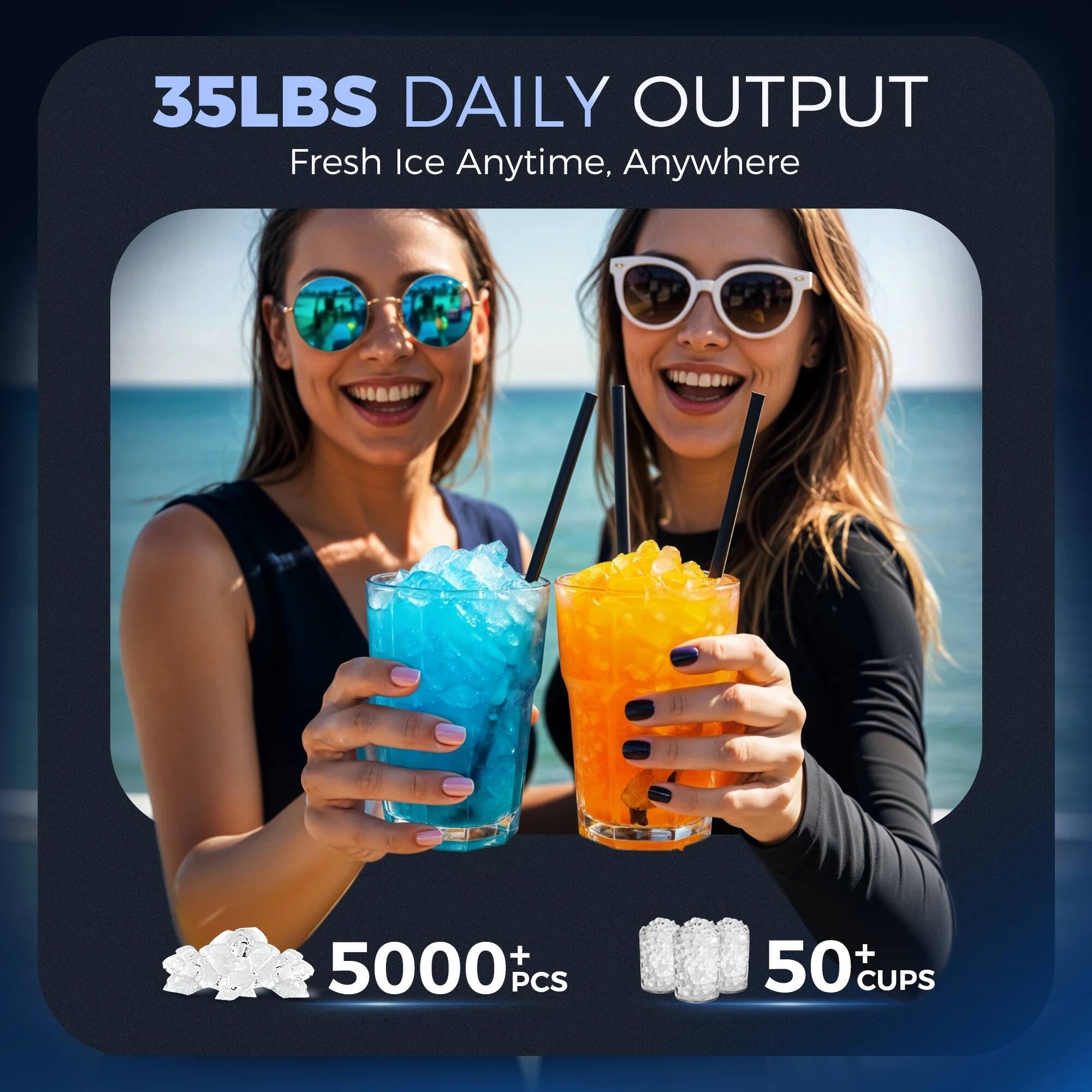 35LBS DAILY OUTPUT  
Fresh Ice Anytime, Anywhere  

5000+ PCS  
50+ CUPS