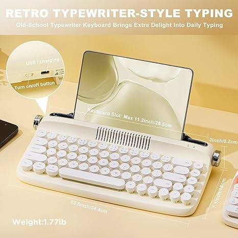 RETRO TYPEWRITER-STYLE TYPING
Old-School Typewriter Keyboard Brings Extra Delight Into Daily Typing
USB charging on/off button
Keyboard Slot: Max 11.2inch/28.5cm
Height: 2inch/5.2cm
Depth: 13.5inch/34.4cm
Weight: 1.77lb