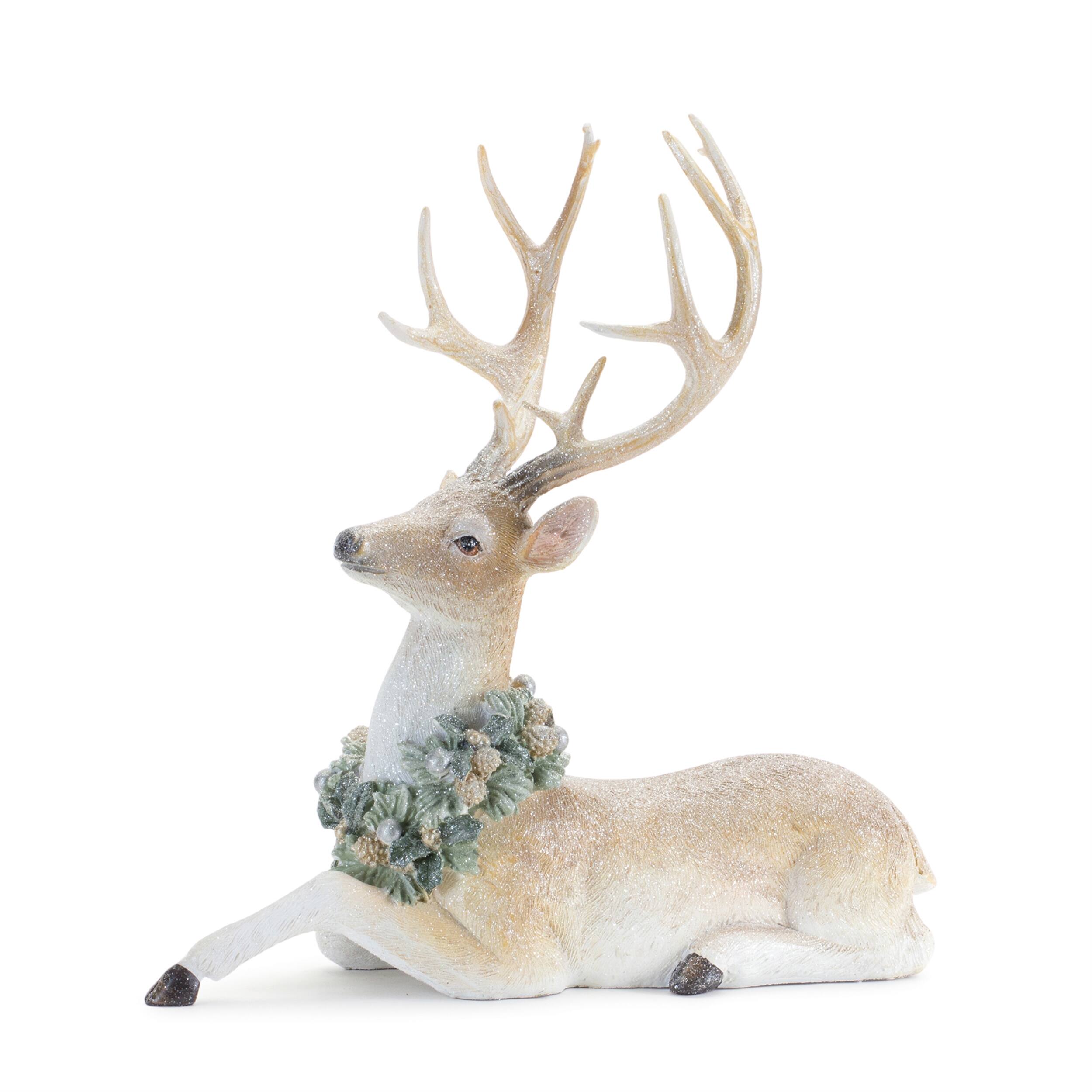 Back. BreeBe - Glittered Deer with Holly Wreath (Set of 2) - Beige, White.