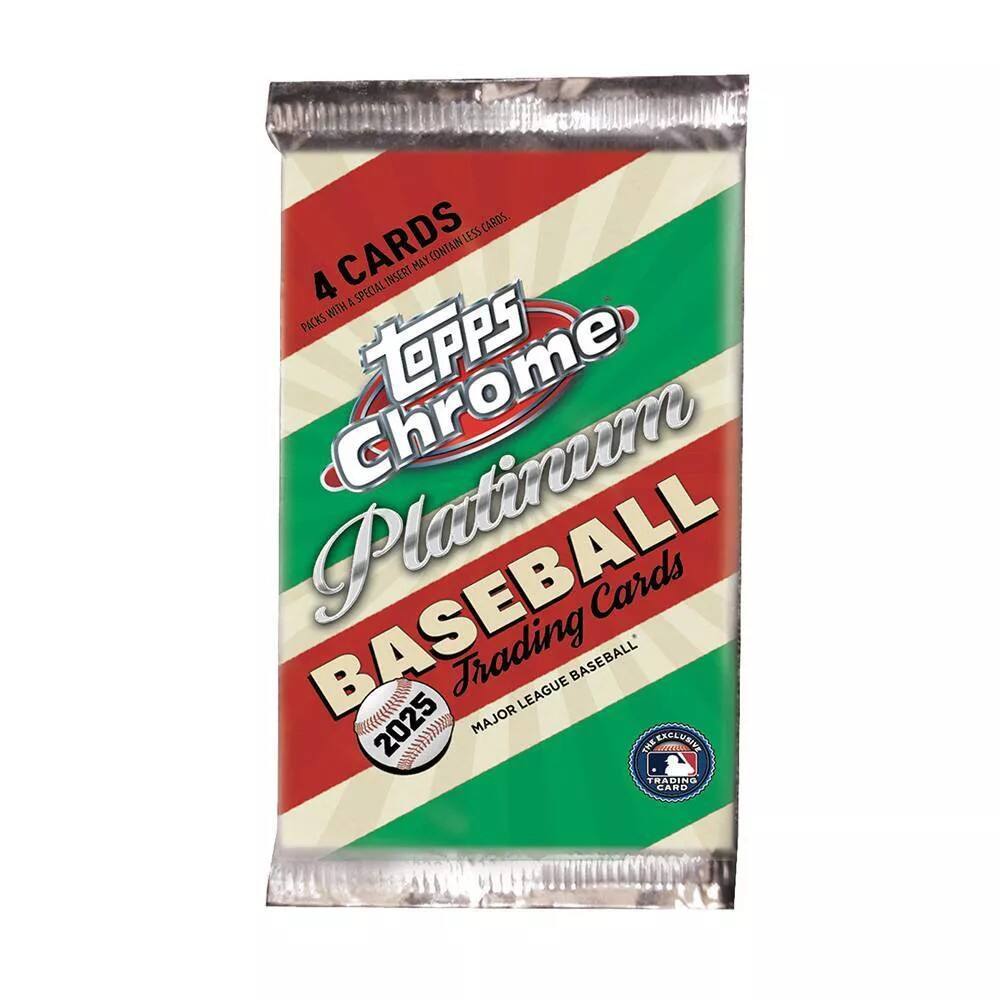 4 CARDS  
PACKS WITH A SPECIAL INSERT MAY CONTAIN LESS CARDS  
TOPPS  
Chrome  
Platinum  
BASEBALL  
2025  
MAJOR LEAGUE BASEBALL  
TRADING CARDS  
THE EXCLUSIVE  
MAJOR LEAGUE BASEBALL TRADING CARD