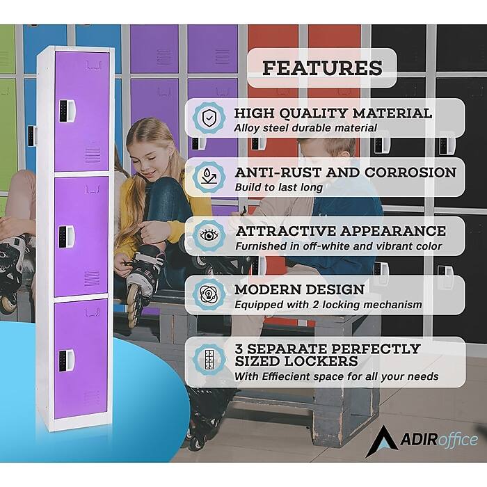 FEATURES

HIGH QUALITY MATERIAL
Alloy steel durable material

ANTI-RUST AND CORROSION
Build to last long

ATTRACTIVE APPEARANCE
Furnished in off-white and vibrant color

MODERN DESIGN
Equipped with 2 locking mechanism

3 SEPARATE PERFECTLY SIZED LOCKERS
With Efficient space for all your needs

ADIRoffice