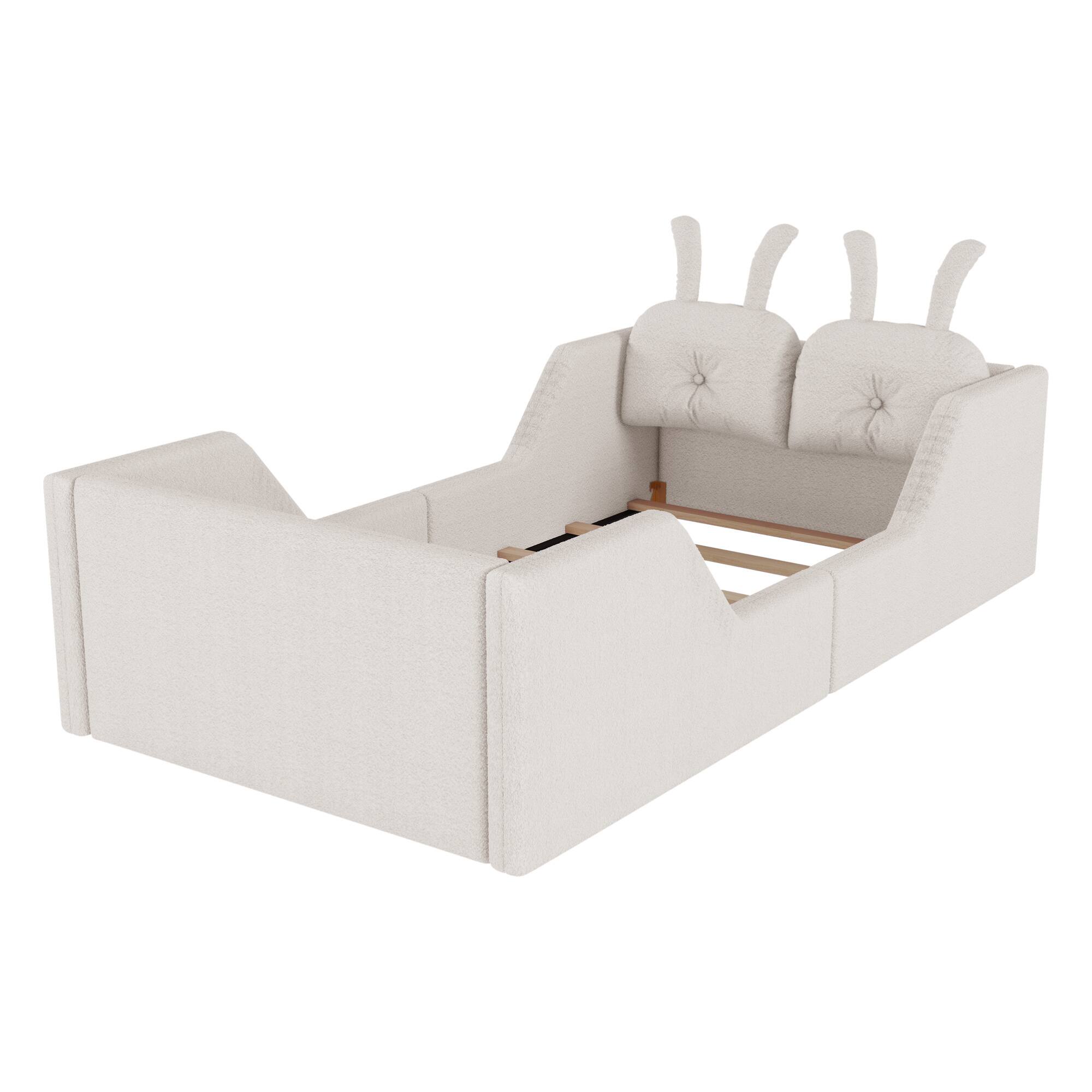 Alt View 5. GOODSILO - Twin Size Upholstered Platform Bed with Decorative Cushions and Removable Safety Rails for Children - White.