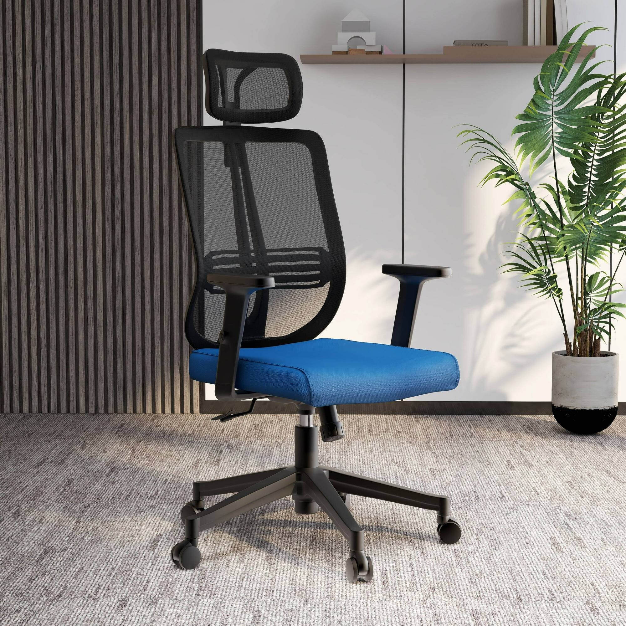 Left. LeisureMod - Nift Mesh Office Desk Chair with Headrest, Adjustable Height, Tilt, Armrests & Durable ABS Frame - Blue.