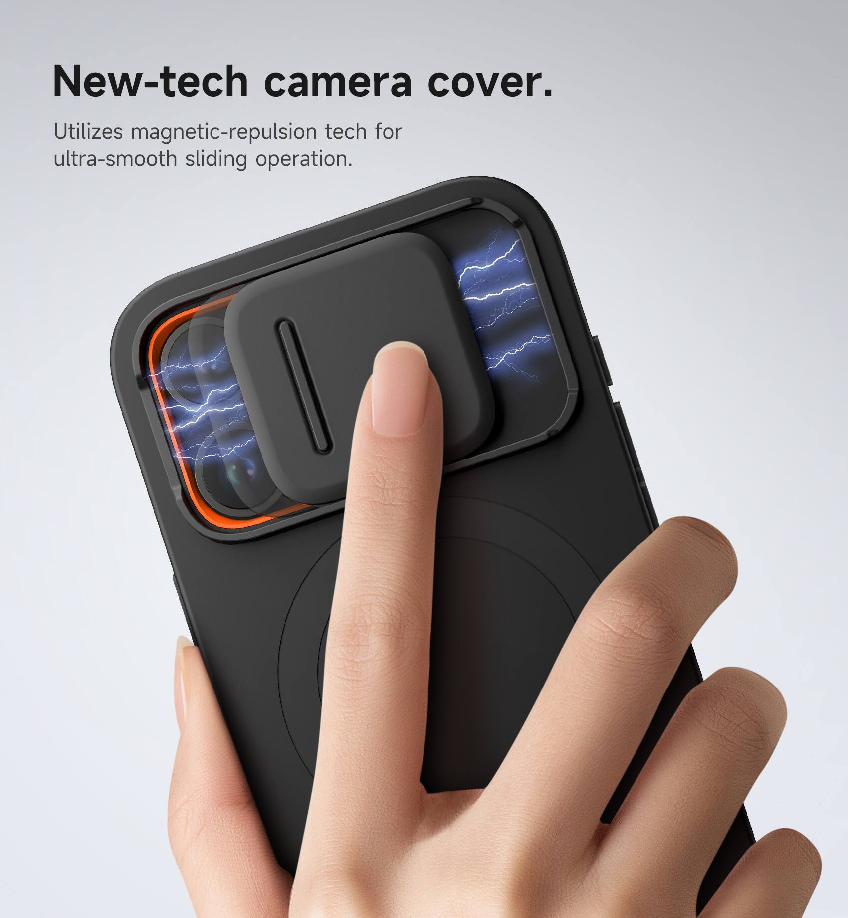 New-tech camera cover. Utilizes magnetic-repulsion tech for ultra-smooth sliding operation.