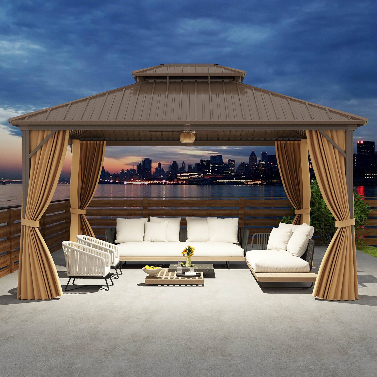 Alt View 1. Costway - Costway 14 x 12 FT Hardtop Gazebo Aluminum Frame Permanent Pavilion with Curtains & Netting - Brown.