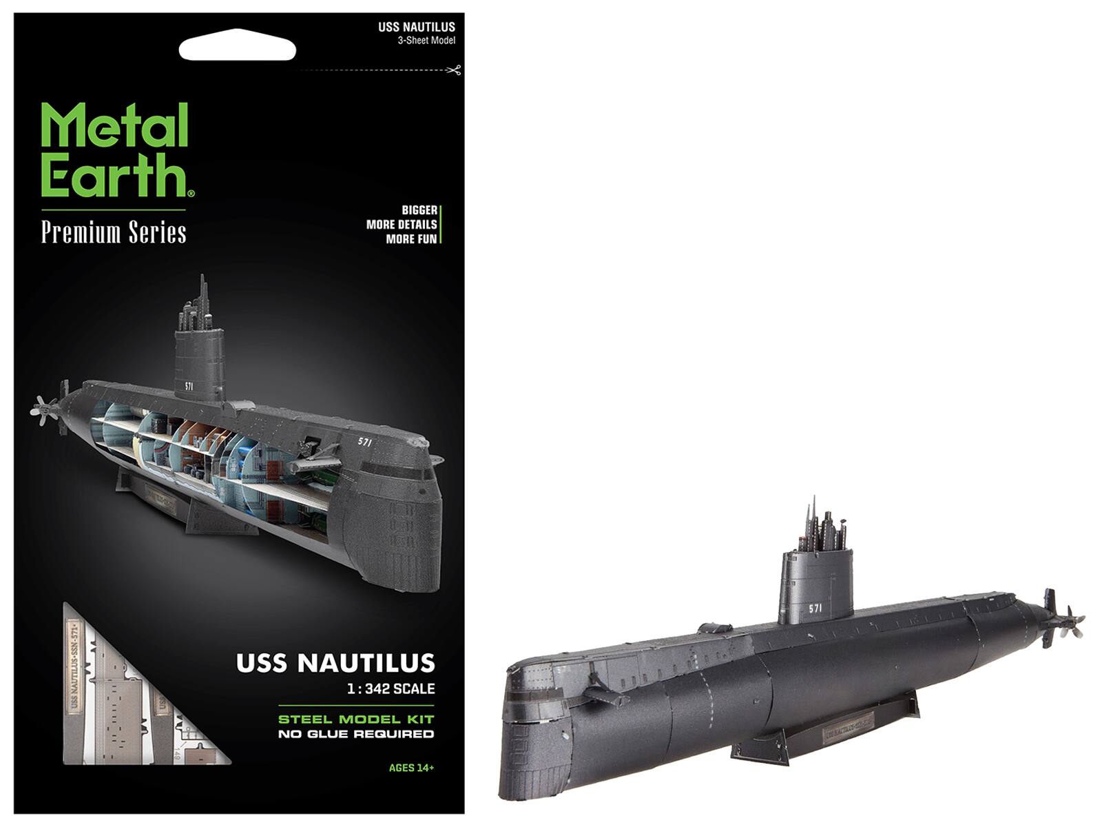 USS NAUTILUS  
3-Sheet Model  

Metal Earth  
Premium Series  

BIGGER  
MORE DETAILS  
MORE FUN  

USS NAUTILUS  
1:342 SCALE  
STEEL MODEL KIT  
NO GLUE REQUIRED  
AGES 14+  

571 USS NAUTILUS-S5N-571