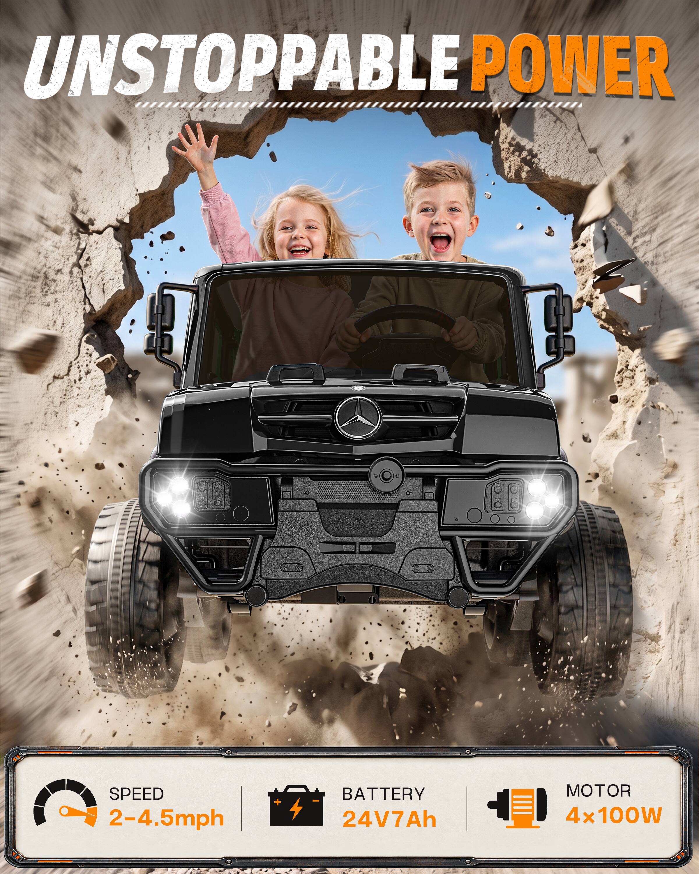 UNSTOPPABLE POWER

SPEED 2-4.5mph  
BATTERY 24V7Ah  
MOTOR 4x100W
