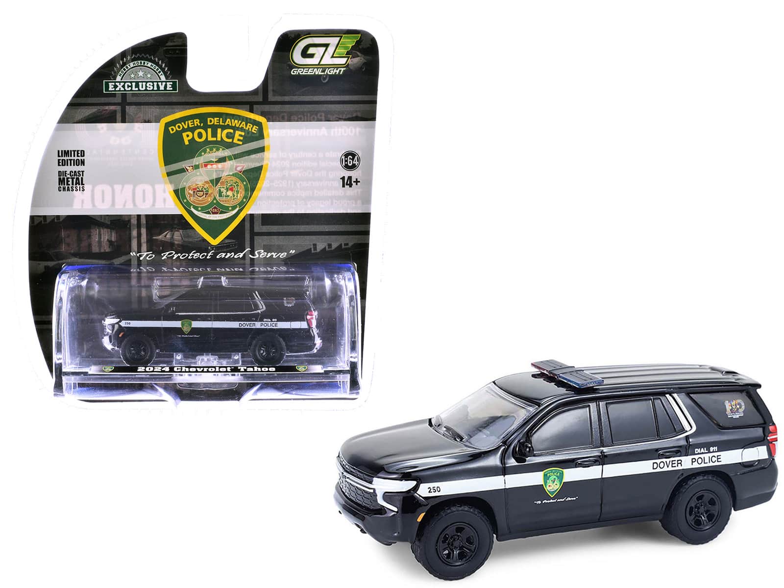 Greenlight - 2024 Chevrolet Tahoe Police Pursuit Vehicle Dover Police 100th Anniversary Black/White Stripes Hobby Exclusive 1/64 - Black and White