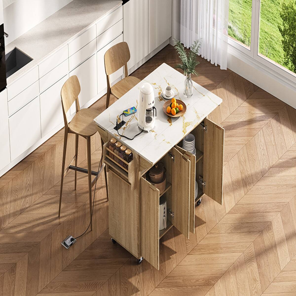 Alt View 3. Loheer - 55.5 inch fluted kitchen island with 2 drop leaf, faux marble top kitchen island, rolling kitchen cart with power outlet - Natural.