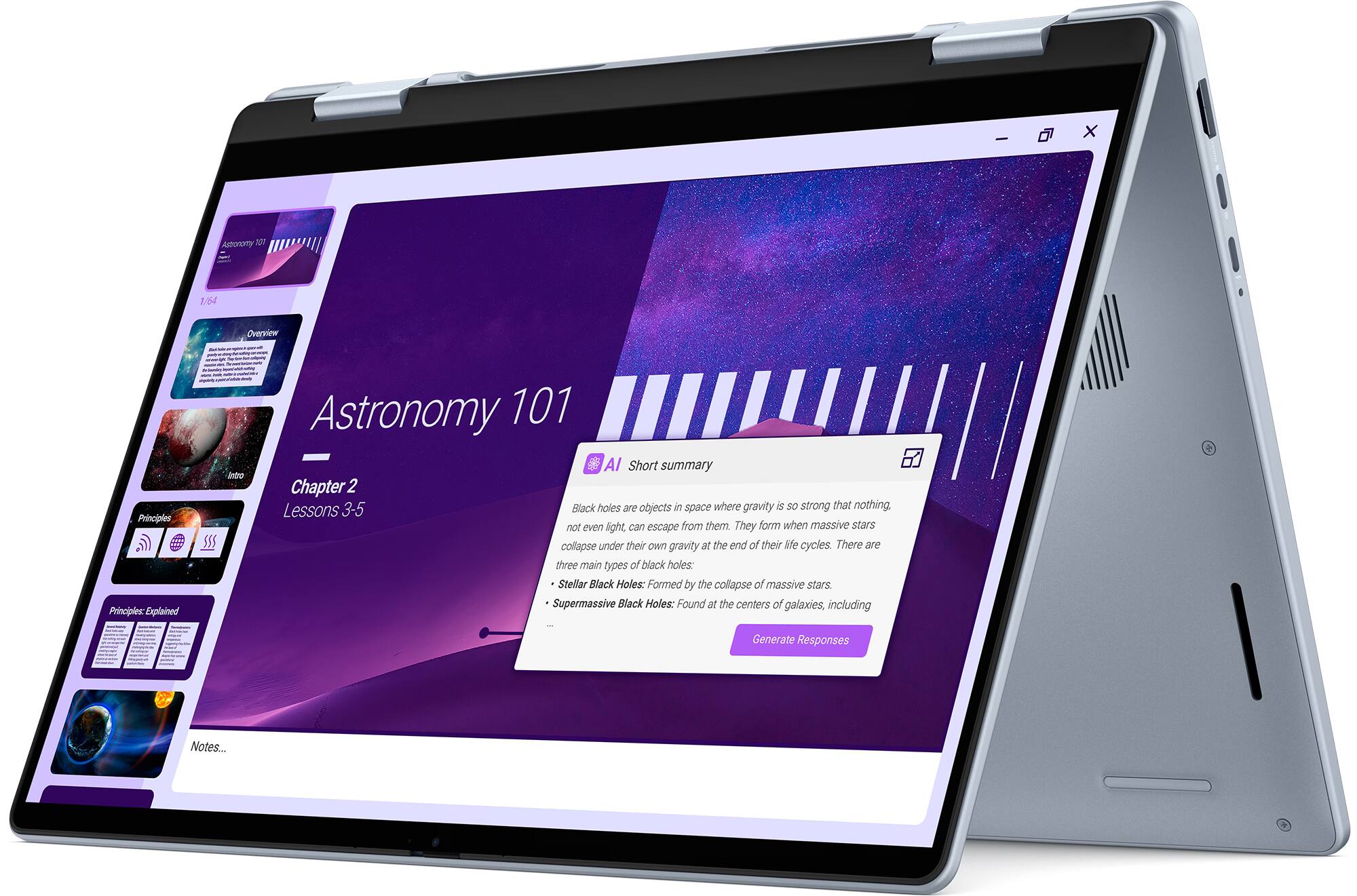- X Astronomy 101
- Overview
- Principles
- Principles Explained
- Short summary
- Chapter 2
- Lessons 3-5
- Black holes are objects in space where gravity is so strong that nothing, not even light, can escape from them. They form when massive stars collapse under their own gravity at the end of their life cycles.
- There are three main types of black holes:
  - Stellar Black Holes: Formed by the collapse of massive stars
  - Supermassive Black Holes: Found at the centers of galaxies, including
- Generate Responses
- Notes...