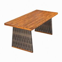 RYHNUYNE - Rectangular Outdoor Dining Table With Acacia Wood Slat Top & Woven Wicker Base,Rustic Patio Table For Backyard - Grey,Teak