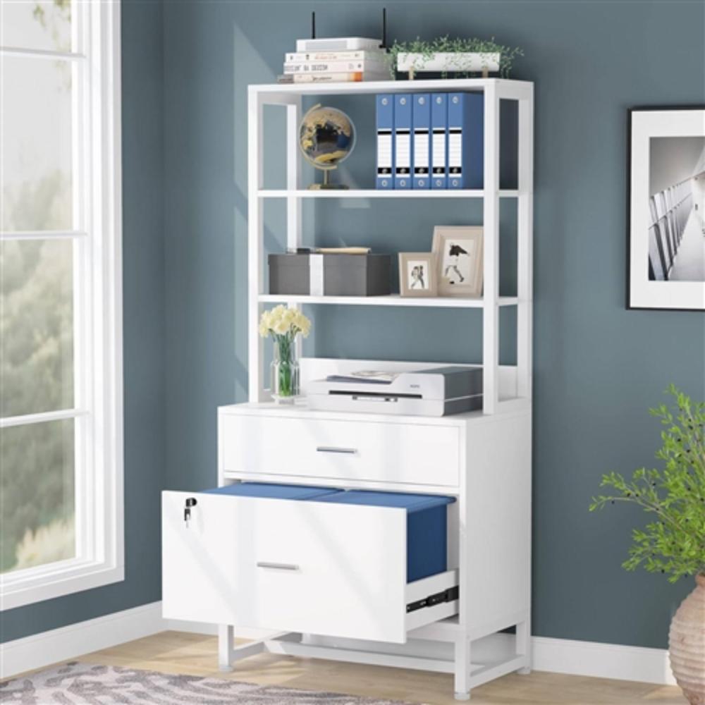 Left. Hivvago - Home Office Lockable 2 Drawer Filing Cabinet Bookshelf in White Wood Finish - White.