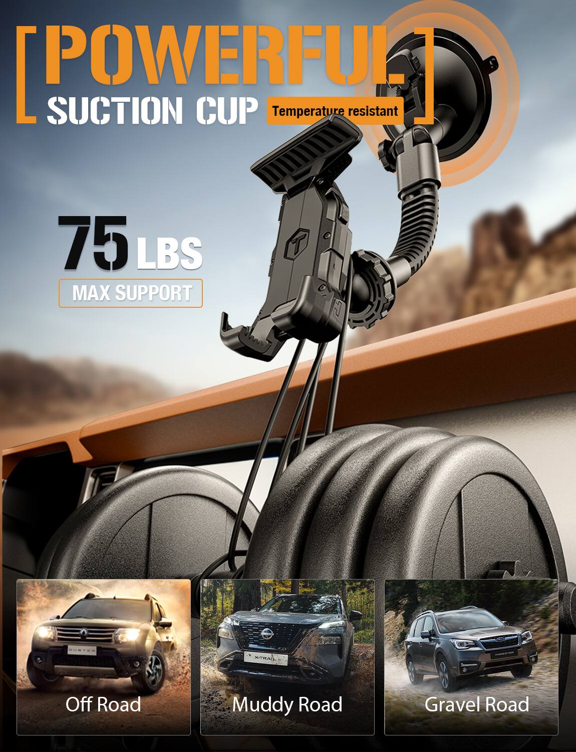 POWERFUL SUCTION CUP Temperature resistant 75 LBS MAX SUPPORT Off Road Muddy Road Gravel Road