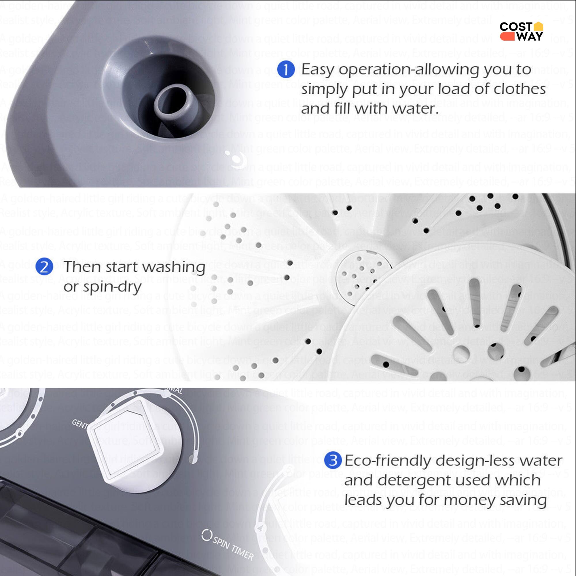 COST WAY 1: Easy operation - allowing you to simply put in your load of clothes and fill with water.

COST WAY 2: Then start washing or spin-drying.

COST WAY 3: Eco-friendly design - less water and detergent used, which leads to money savings.

SPIN TIMER: