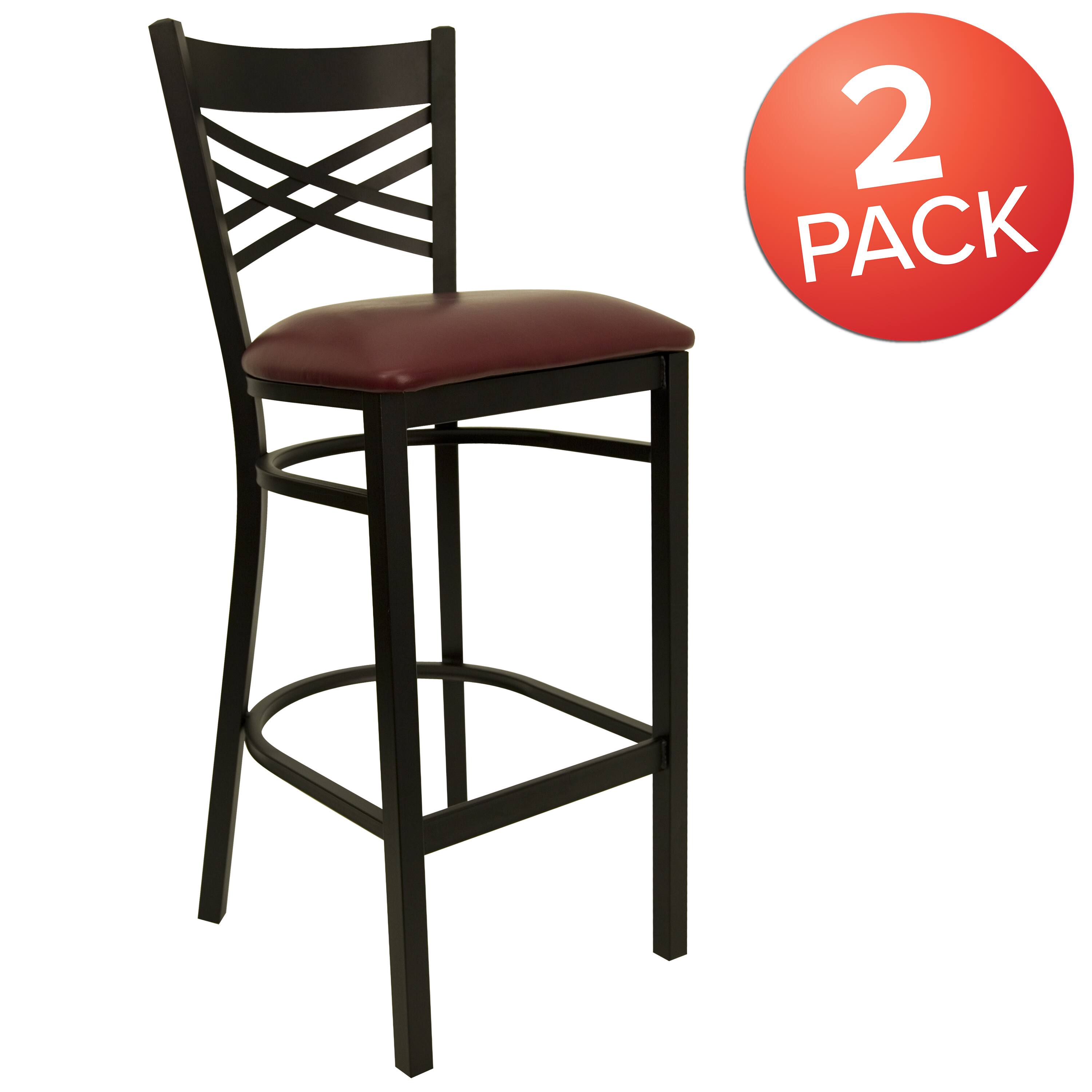 Alt View 1. Emma + Oliver - 2 Pack "X" Back Metal Restaurant Barstool - Burgundy Vinyl Seat/Black Metal Frame.
