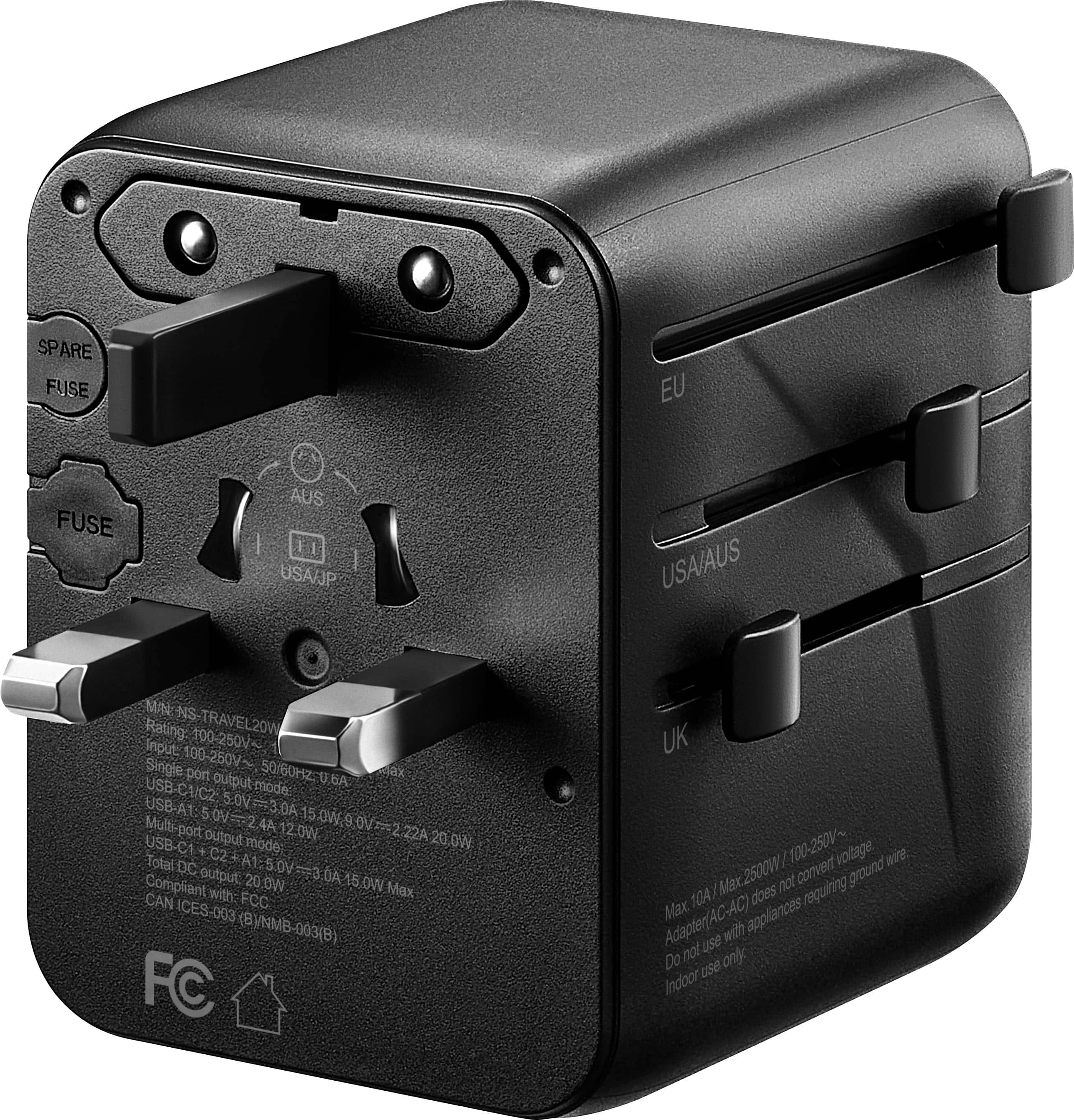Sure, here is the corrected and grouped text from the image:
---
**SPARE FUSE**
**FUSE**
**EU**
**AUS**
**USA/AUS**
**UK**
**Rating: TRAVEL20W**
**Input: 100-250V~ 50/60Hz 0.6A**
**Single port output: USB-C1 5.0V=3A 15.0W**
**Multi-port output: USB-A1 5.0V=3A 15.0W, USB-C1 5.0V=3A 15.0W, USB-C2 5.0V=3A 15.0W**
**Total DC output: 20W**
**Compliant with: FCC ICES-003 B / NMB-003(B)**
**Max 10A / Max2500W / 100-250V~**
**Adapter (AC-AC) does not convert ground wire.**
**Do not use with appliances requiring ground wire.**
**Indoor use only.**
**FC**
---
This text is organized to reflect the information on the power adapter, including the fuse, region settings, input and output specifications, compliance, and usage instructions.