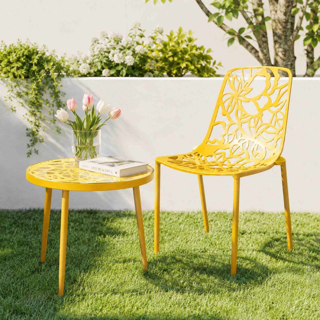 Angle. LeisureMod - Devon Stackable Aluminum Dining Chair, Modern Floral Cutout Indoor/Outdoor Patio Chair - Fully Assembled - Yellow.
