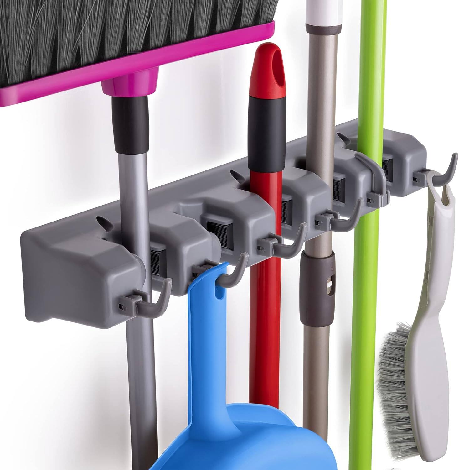 Front. Zulay Kitchen - Zulay Home Mop and Broom Organizer Wall Mount 5 Slots - Mop and Broom Holder Wall Mount for Storing Cleaning Supplies - Gray.