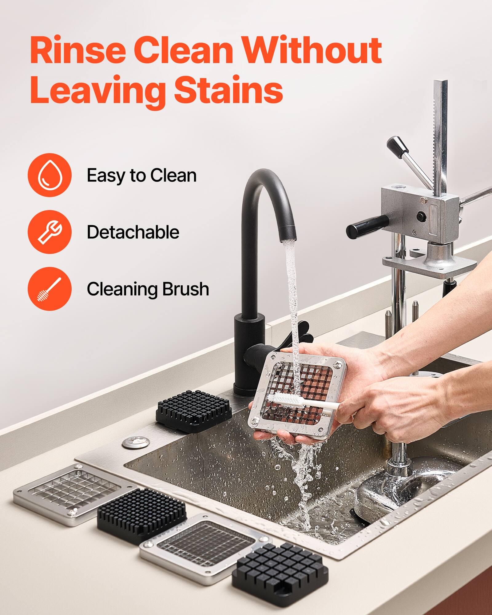 Rinse Clean Without Leaving Stains

- Easy to Clean
- Detachable
- Cleaning Brush