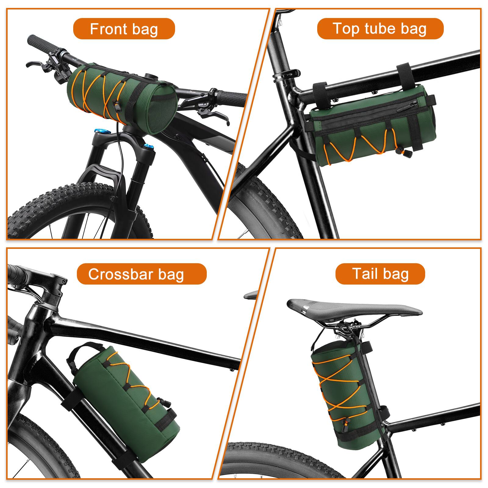 Front bag  
Top tube bag  
Crossbar bag  
Tail bag