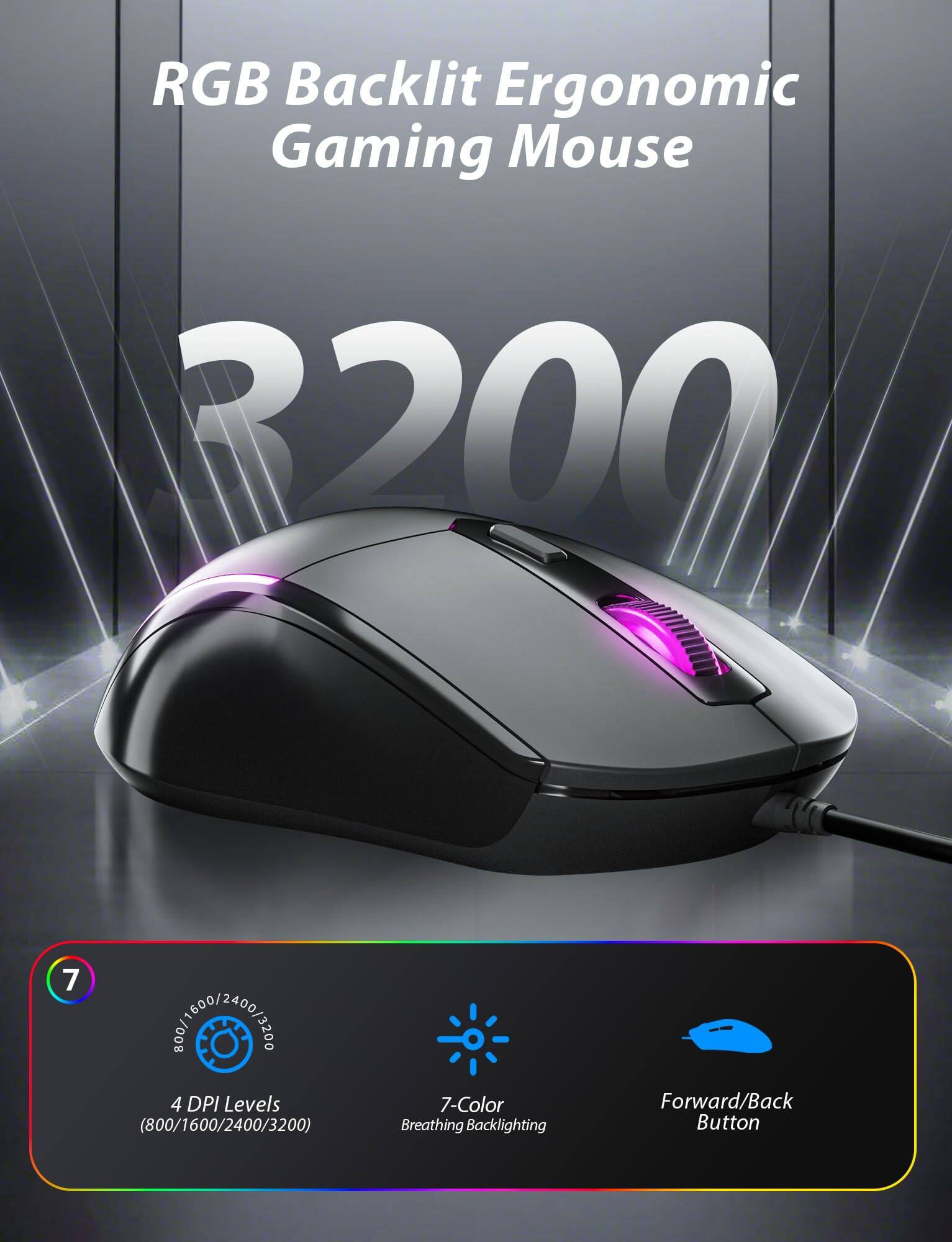 RGB Backlit Ergonomic Gaming Mouse

3200

4 DPI Levels (800/1600/2400/3200)

7-Color Breathing Backlighting

Forward/Back Button