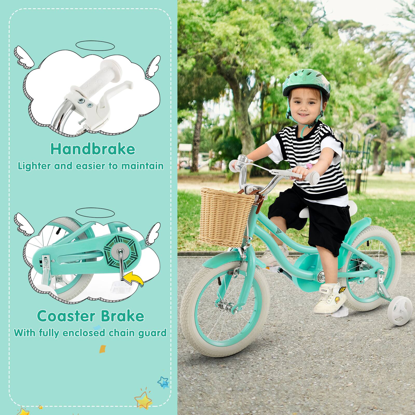 Handbrake  
Lighter and easier to maintain  

Coaster Brake  
With fully enclosed chain guard