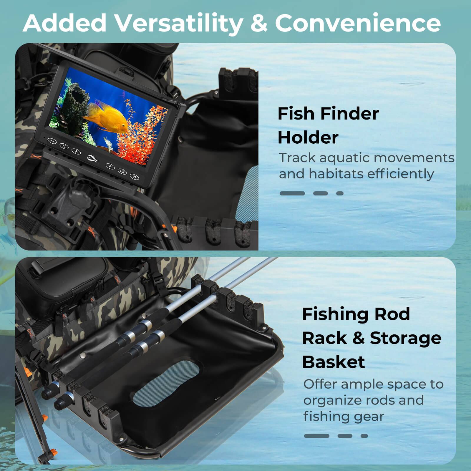Added Versatility & Convenience

Fish Finder Holder  
Track aquatic movements and habitats efficiently

Fishing Rod Rack & Storage Basket  
Offer ample space to organize rods and fishing gear