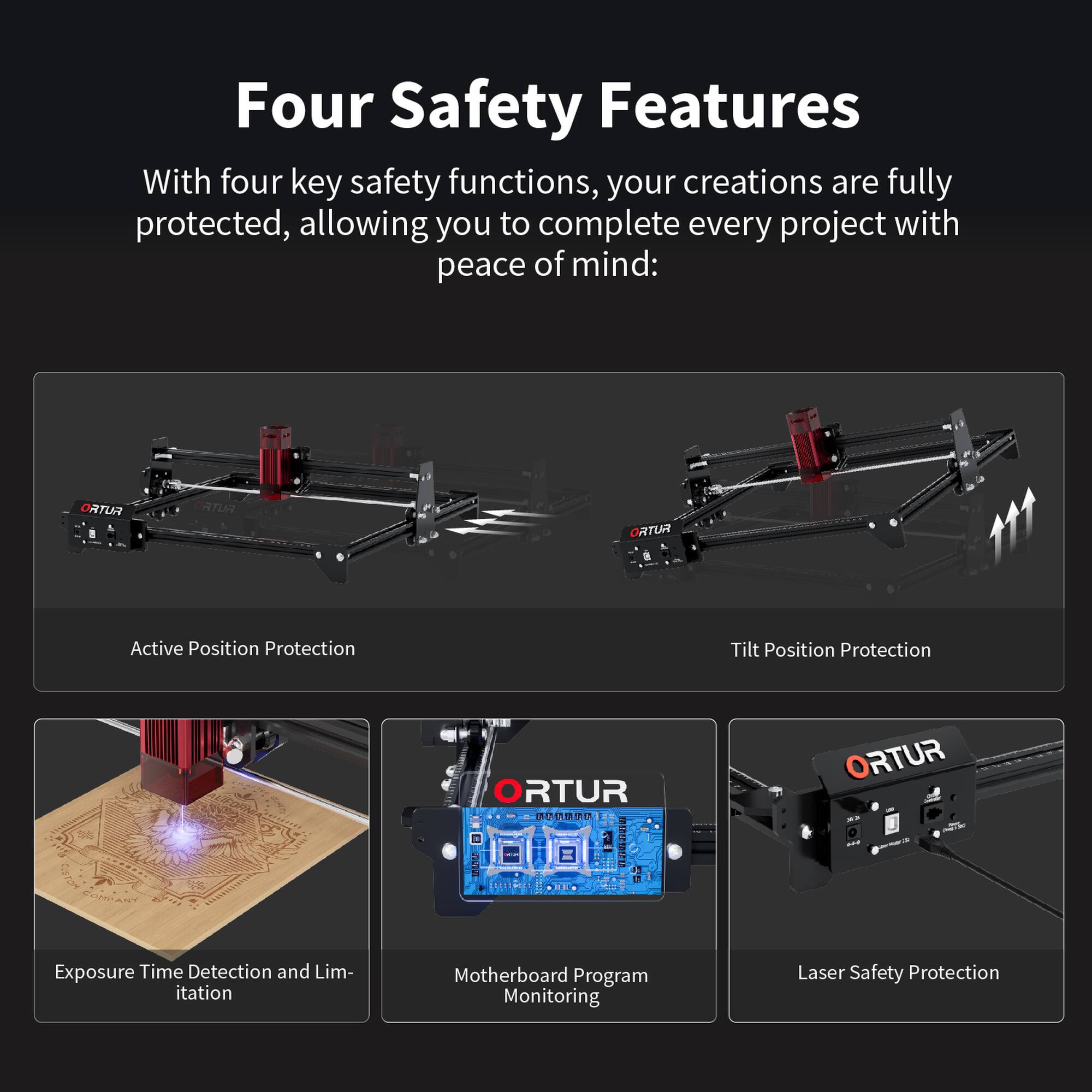 Four Safety Features

With four key safety functions, your creations are fully protected, allowing you to complete every project with peace of mind:

- Active Position Protection
- Tilt Position Protection
- Exposure Time Detection and Limitation
- Motherboard Program Monitoring
- Laser Safety Protection