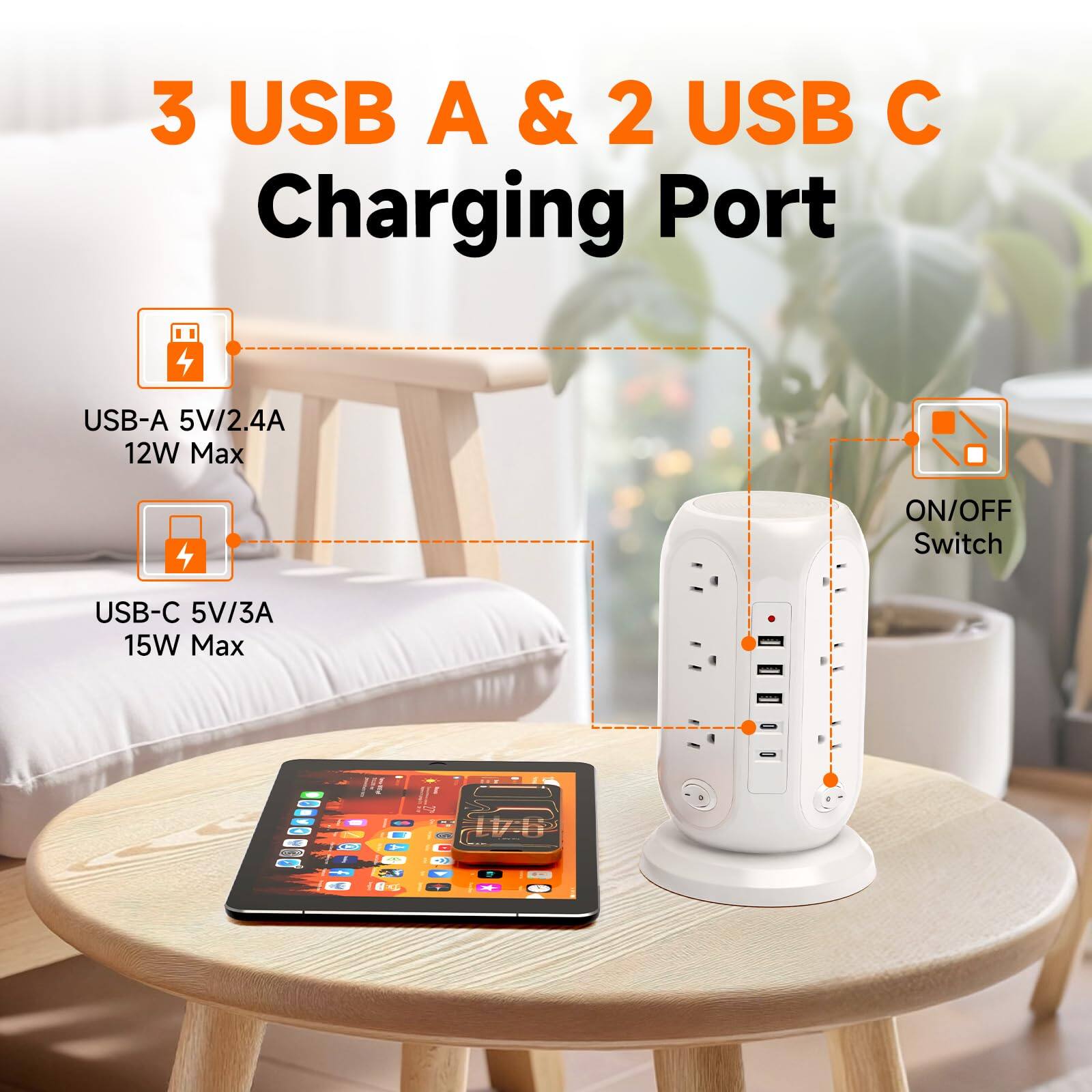 3 USB A & 2 USB C Charging Port  
USB-A 5V/2.4A 12W Max  
USB-C 5V/3A 15W Max  
ON/OFF Switch