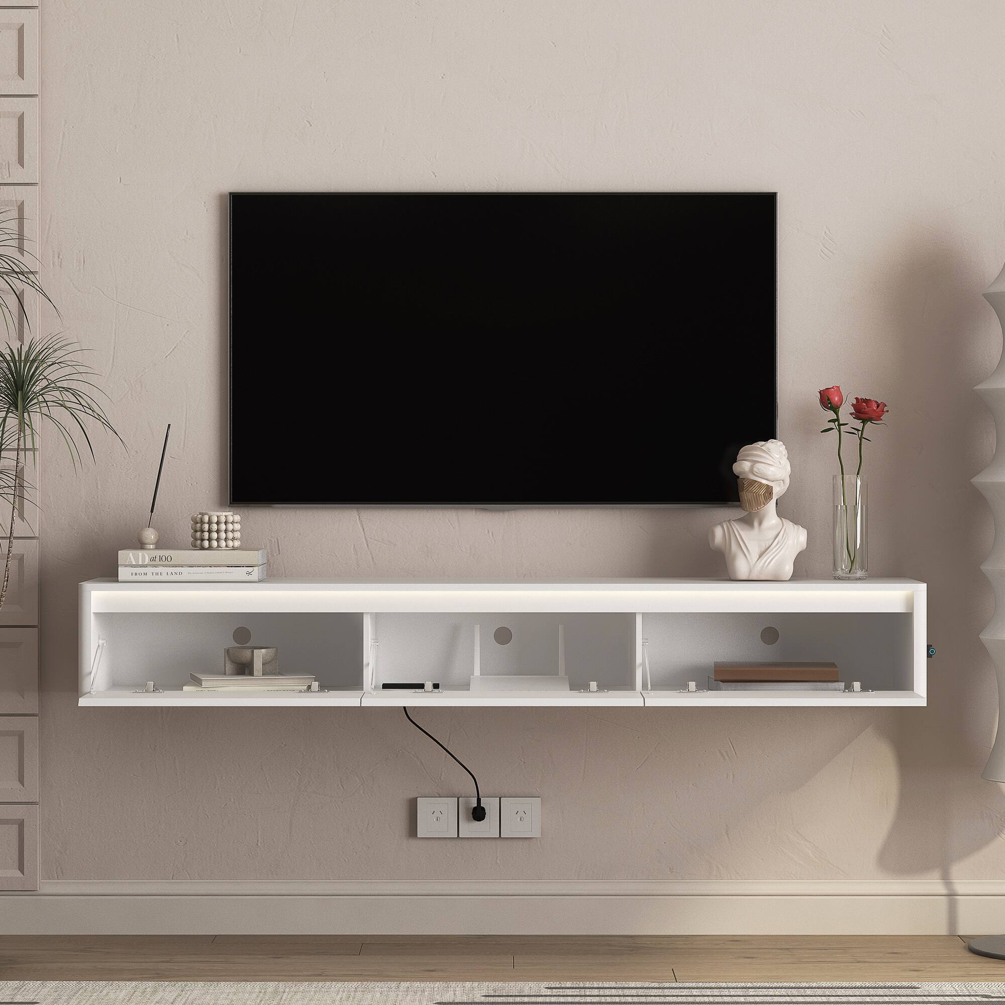 Left. Z-Edge - Floating TV Stand Wall Mounted for 65"–80" TVs, Modern Floating Entertainment Center with Storage for Living Room - White.