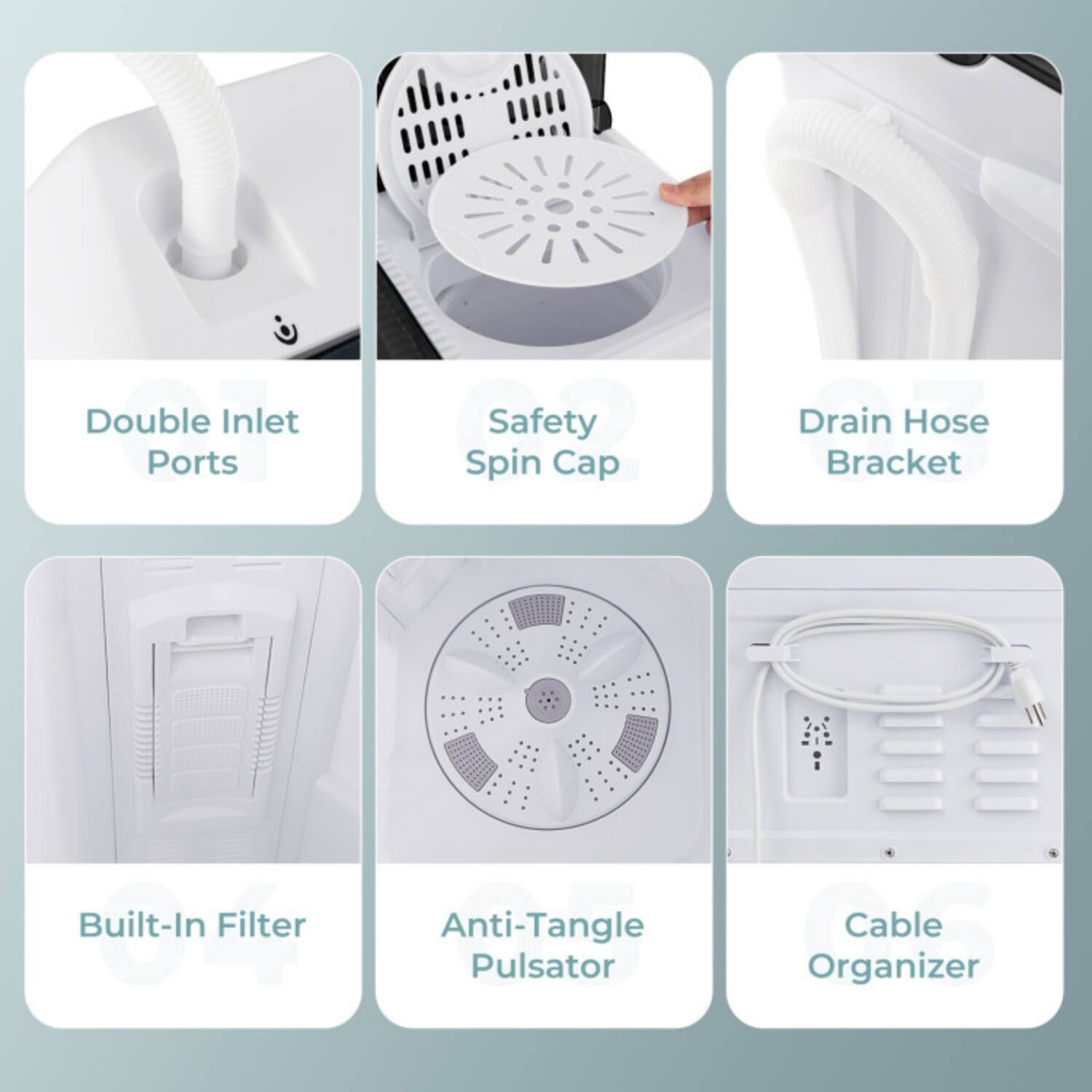 Double Inlet Ports  
Safety Spin Cap  
Drain Hose Bracket  
Built-In Filter  
Anti-Tangle Pulsator  
Cable Organizer