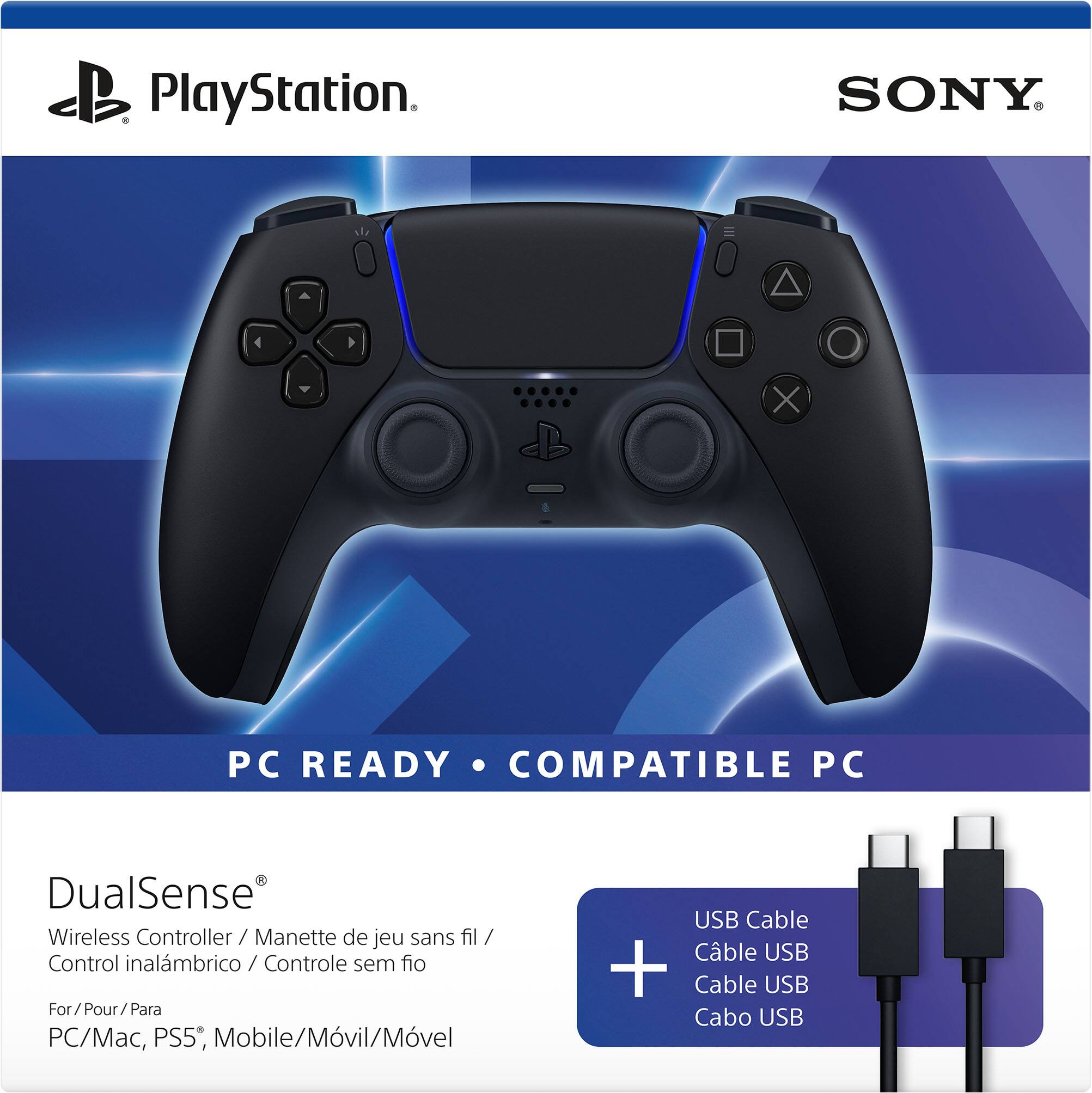 PlayStation. SONY X PC READY COMPATIBLE PC DualSense Wireless Controller/ Manette de jeu sans fil / Control inalámbrico / Controle sem fio For/Pour/Para PC/Mac, PS5, Mobile/Móvil/Móvel USB Cable Câble USB + Cable USB Cabo USB